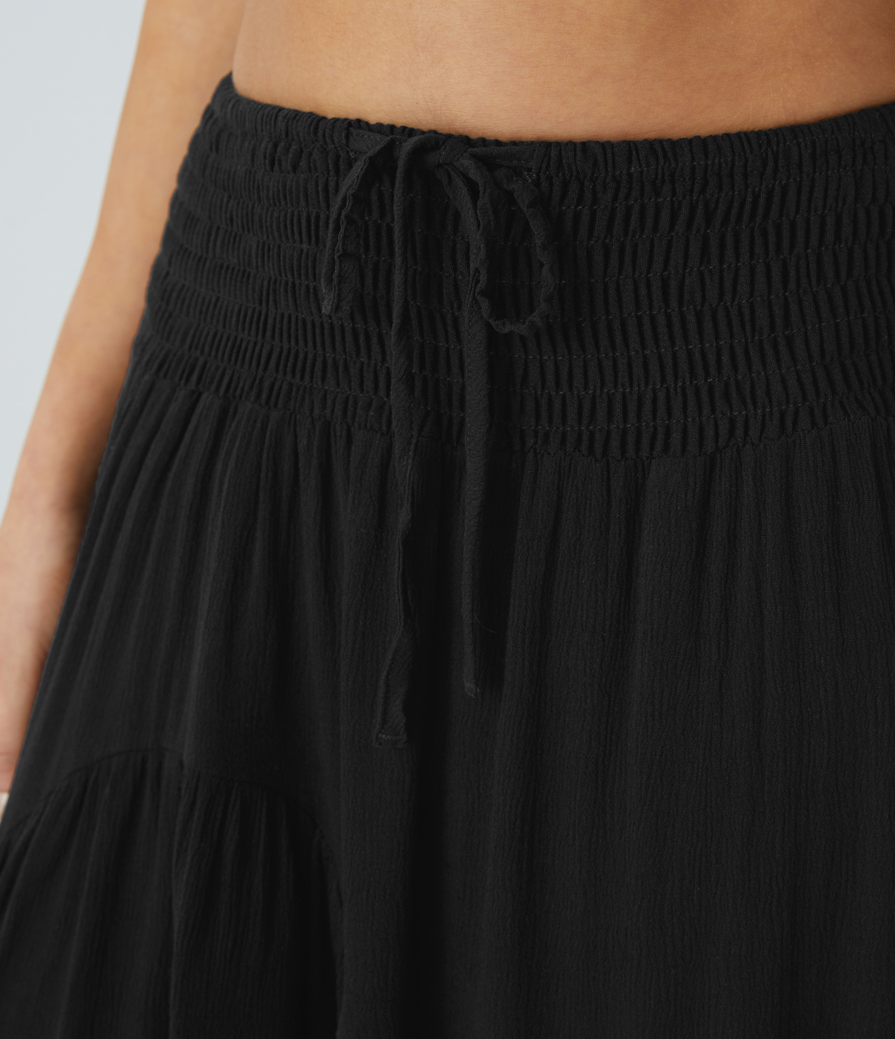 Halara High Waisted Drawstring Shirred Draped Ruffle High Low Maxi Resort Skirt  - Black - L(regular) 