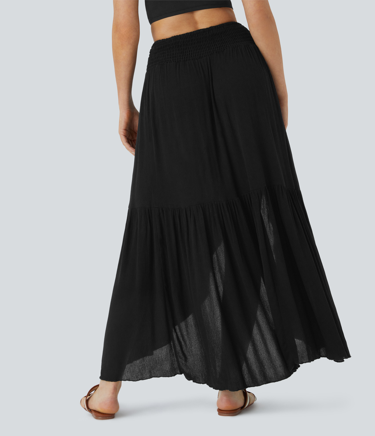 Halara High Waisted Drawstring Shirred Draped Ruffle High Low Maxi Resort Skirt  - Black - L(regular) 