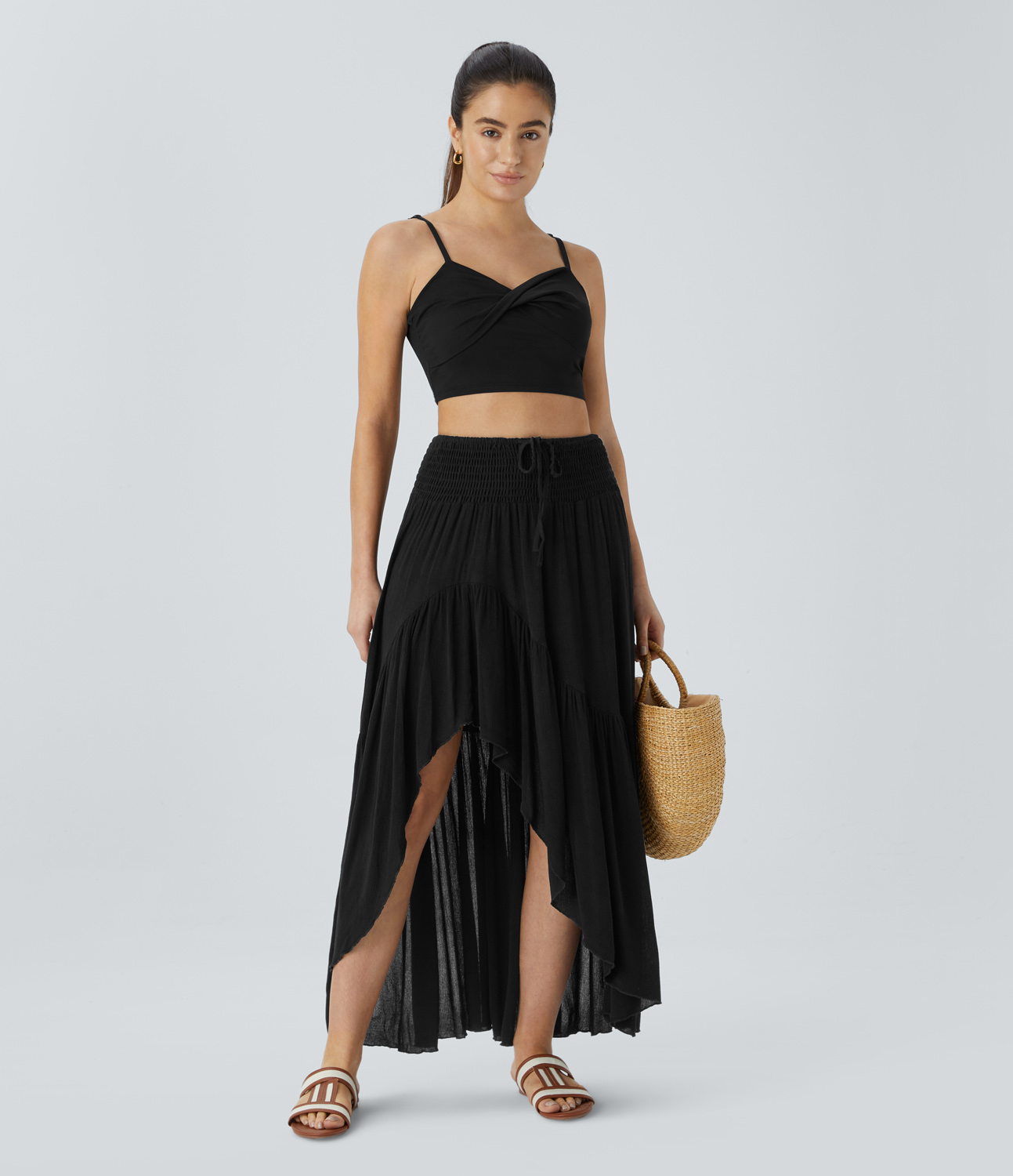 Halara High Waisted Drawstring Shirred Draped Ruffle High Low Maxi Resort Skirt  - Black - L(regular) 