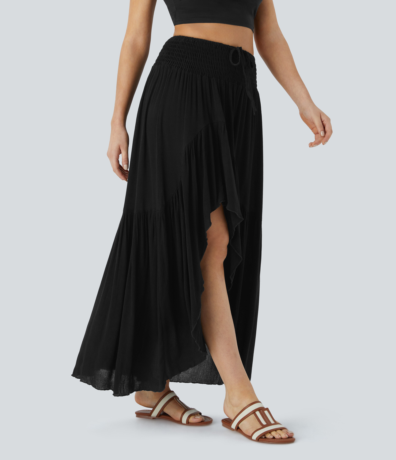 Halara High Waisted Drawstring Shirred Draped Ruffle High Low Maxi Resort Skirt  - Black - L(regular) 