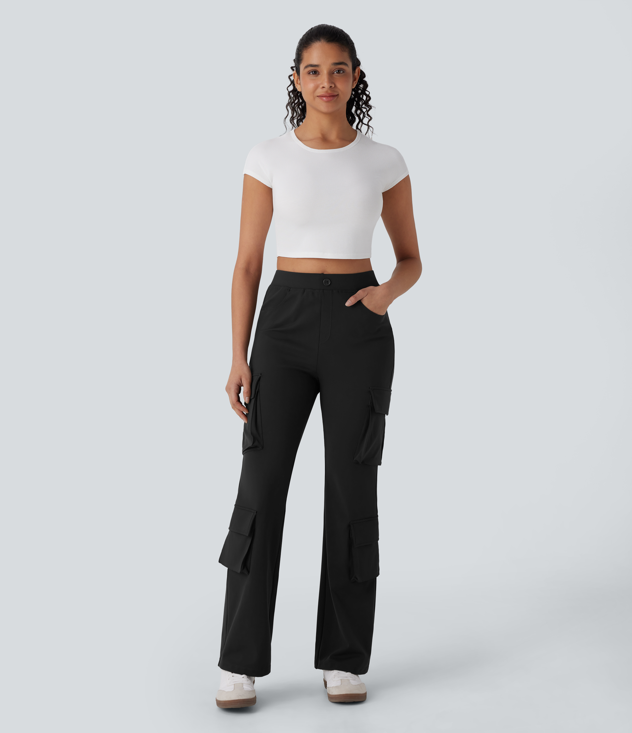 Halara High Waist Multiple Pockets Flare Casual Cargo Pants  - Black - XL(regular) sweatpants jogger pants stacked sweatpants cargo joggers 