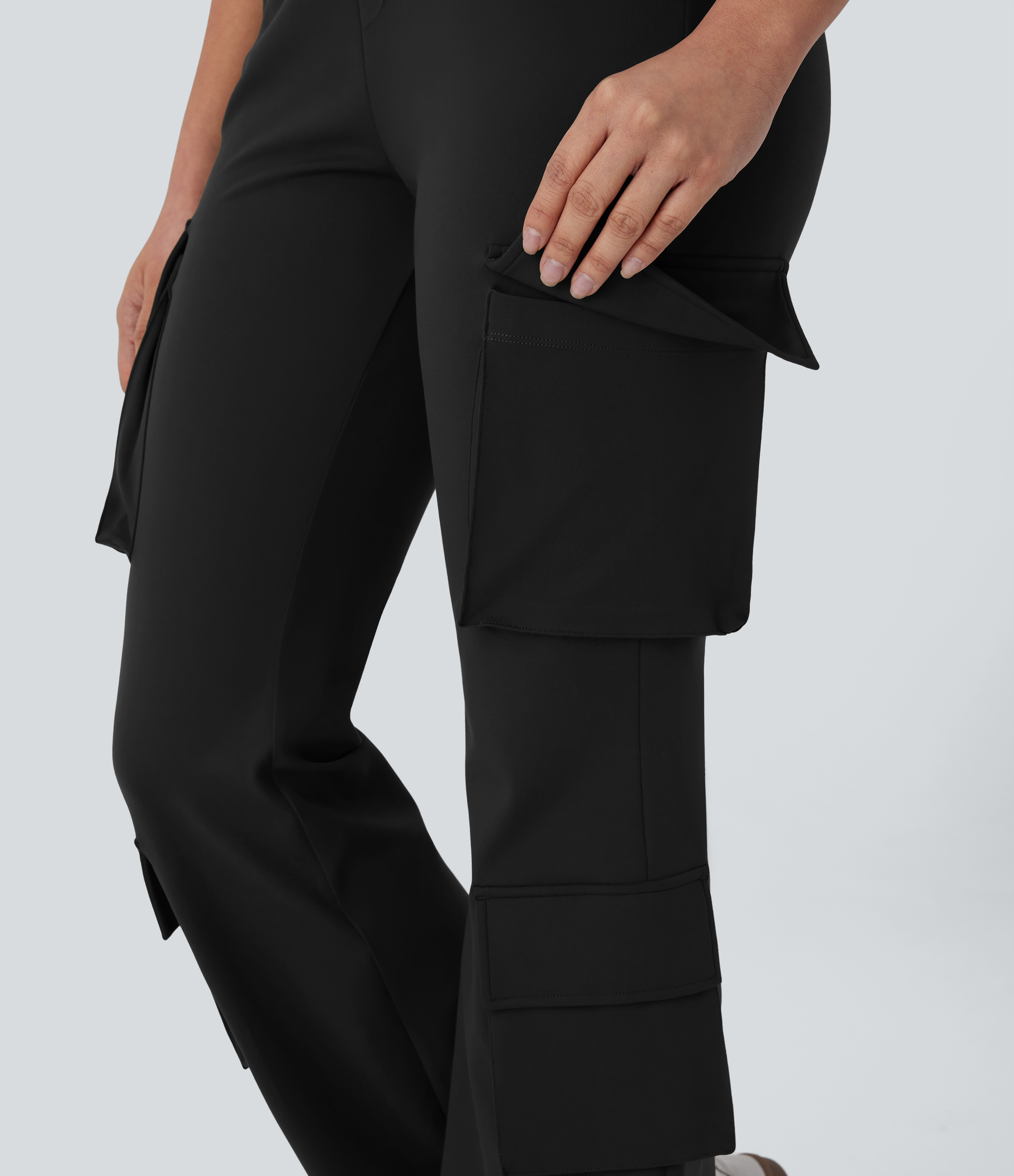 Halara High Waist Multiple Pockets Flare Casual Cargo Pants  - Black - XL(regular) sweatpants jogger pants stacked sweatpants cargo joggers 
