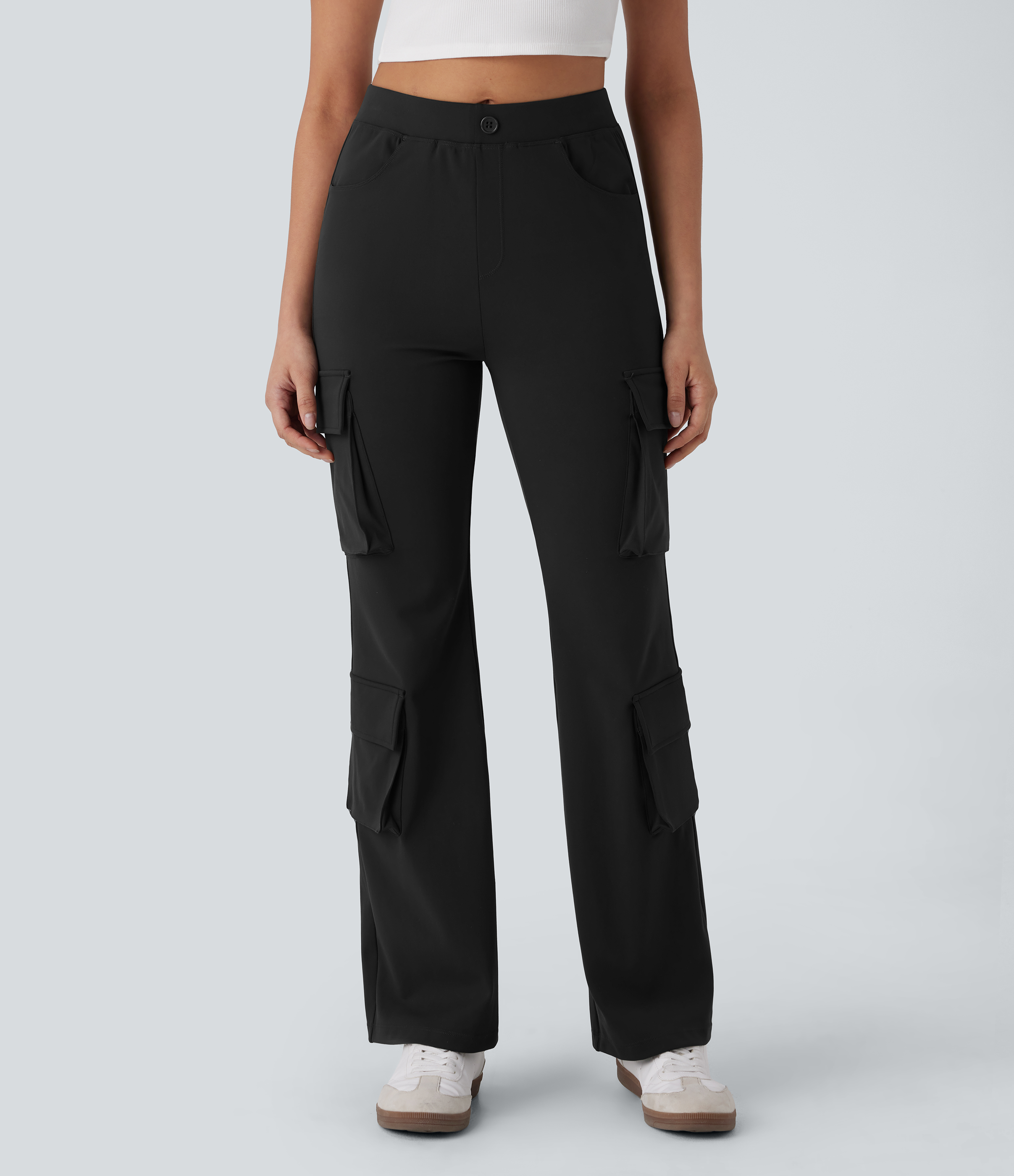Halara High Waist Multiple Pockets Flare Casual Cargo Pants  - Black - XL(regular) sweatpants jogger pants stacked sweatpants cargo joggers 