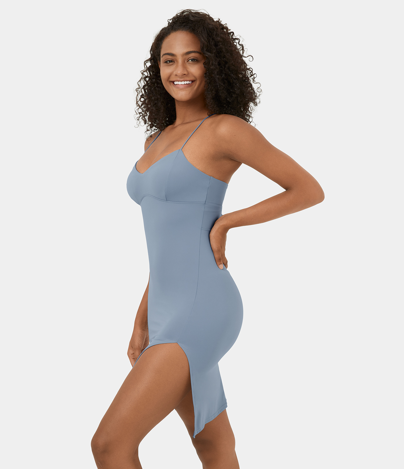 Halara Backless Lace Up Split Bodycon Mini Slip Casual Dress Workout Dress - Snowflake Blue - L 