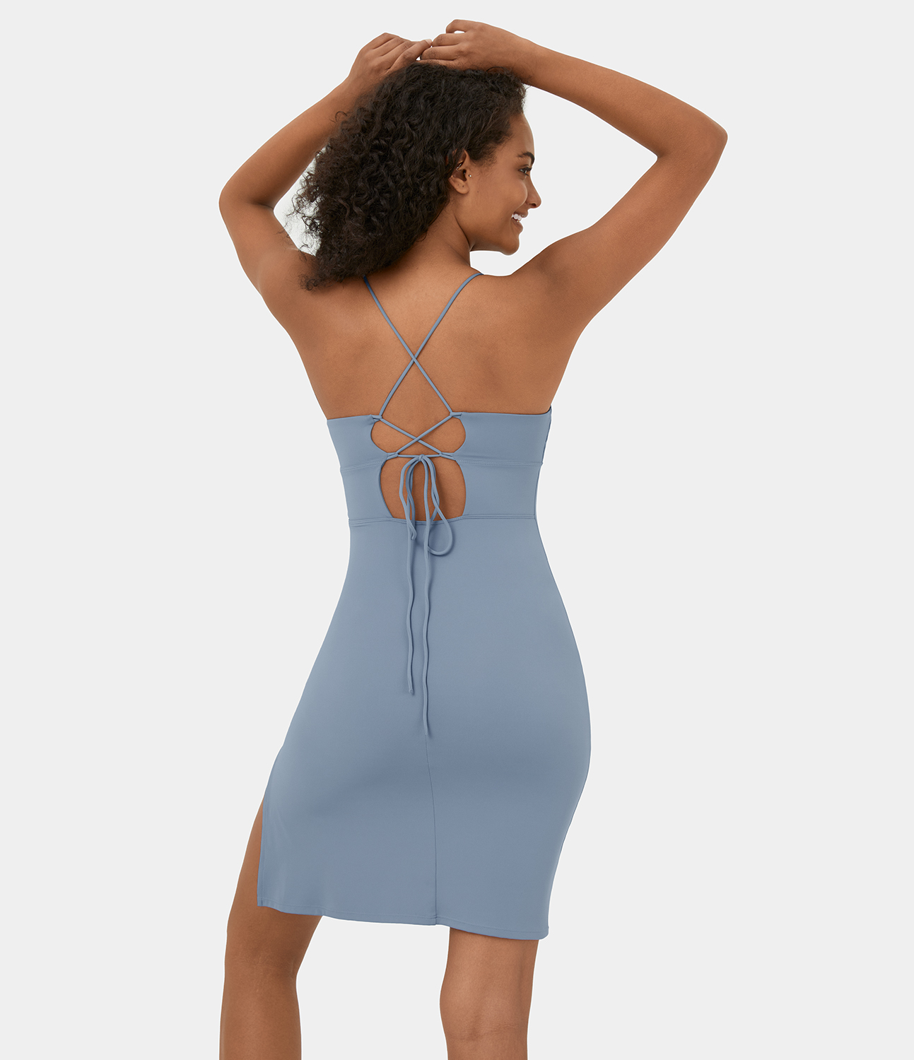 Halara Backless Lace Up Split Bodycon Mini Slip Casual Dress Workout Dress - Snowflake Blue - L 