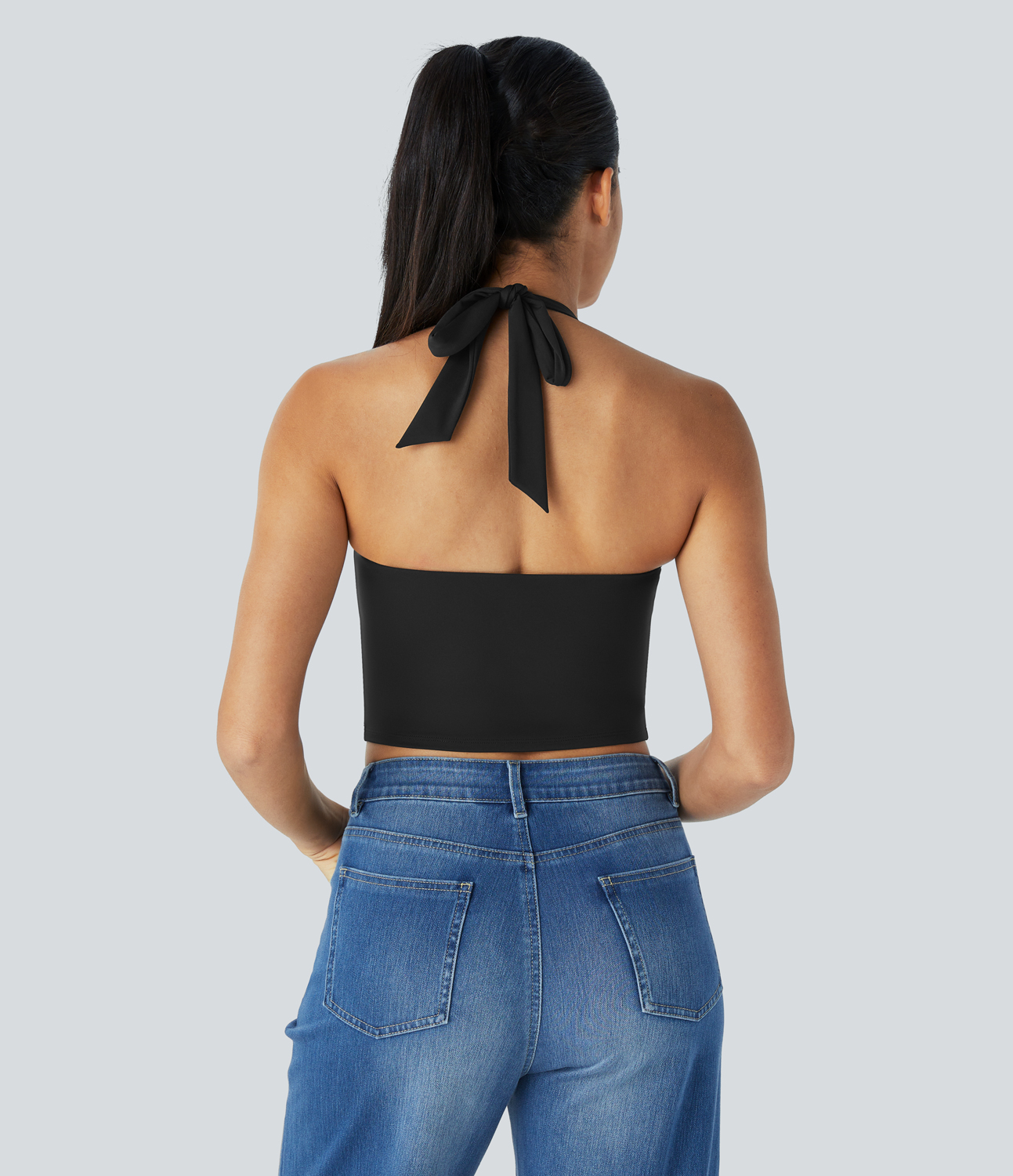 Halara Halter Tie Back Backless Cropped Casual Tank Top Tank Top - Black - M golf tops halter top tunic tops sleeveless tops backless top 