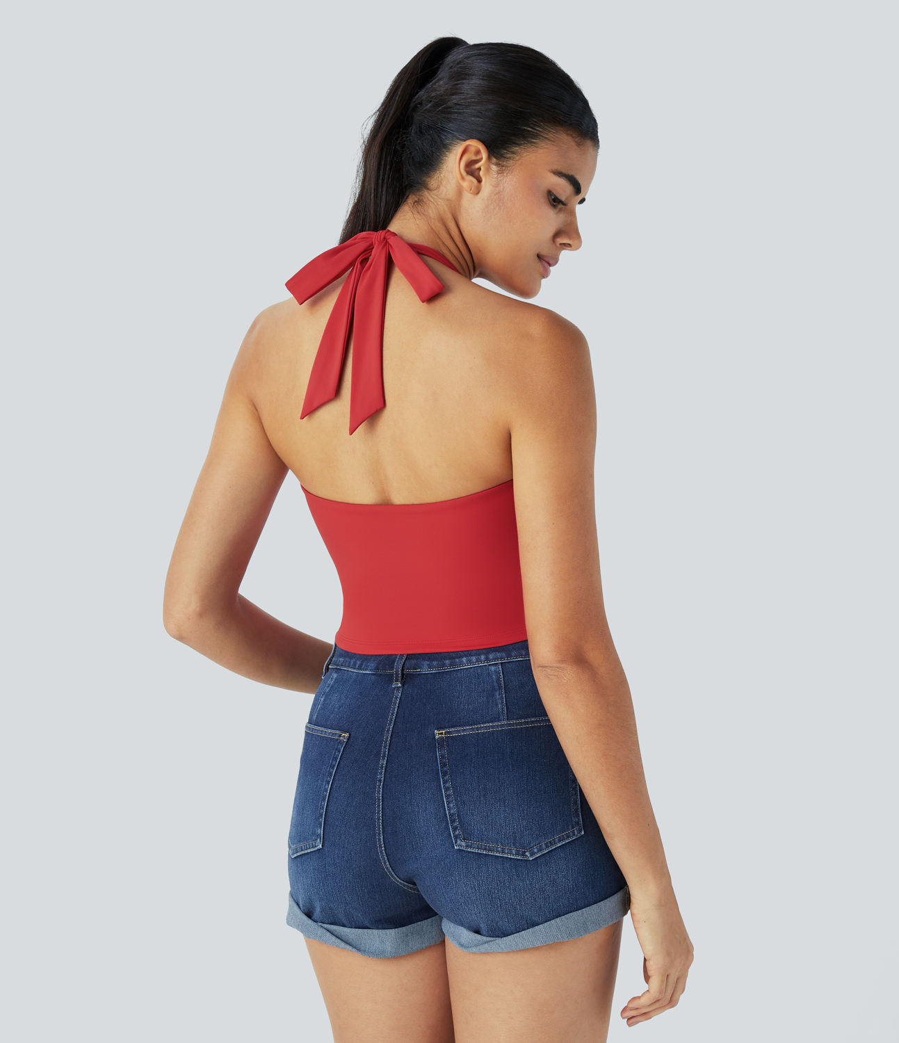 Halara Halter Tie Back Backless Cropped Casual Tank Top Tank Top - Salsa - L golf tops halter top tunic tops sleeveless tops backless top 