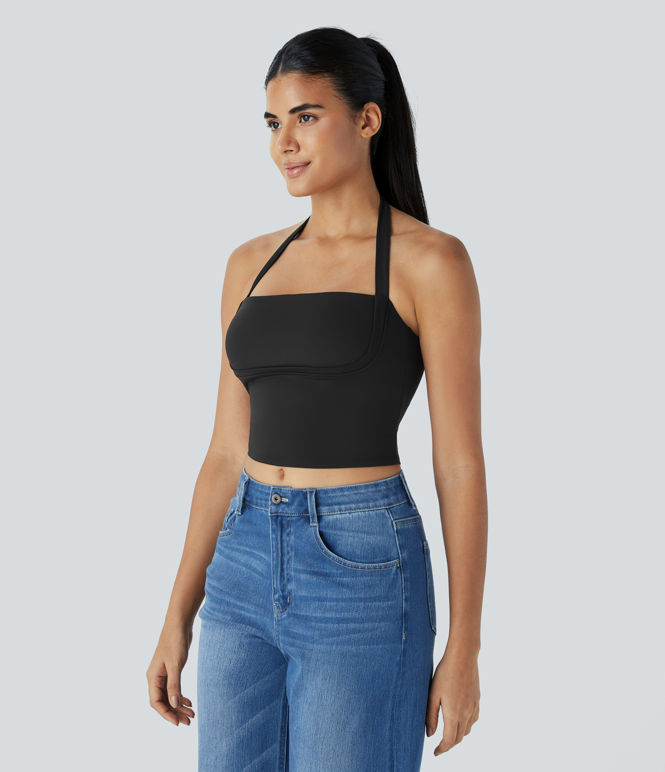 Halara Halter Tie Back Backless Cropped Casual Tank Top Tank Top - Black - M golf tops halter top tunic tops sleeveless tops backless top 