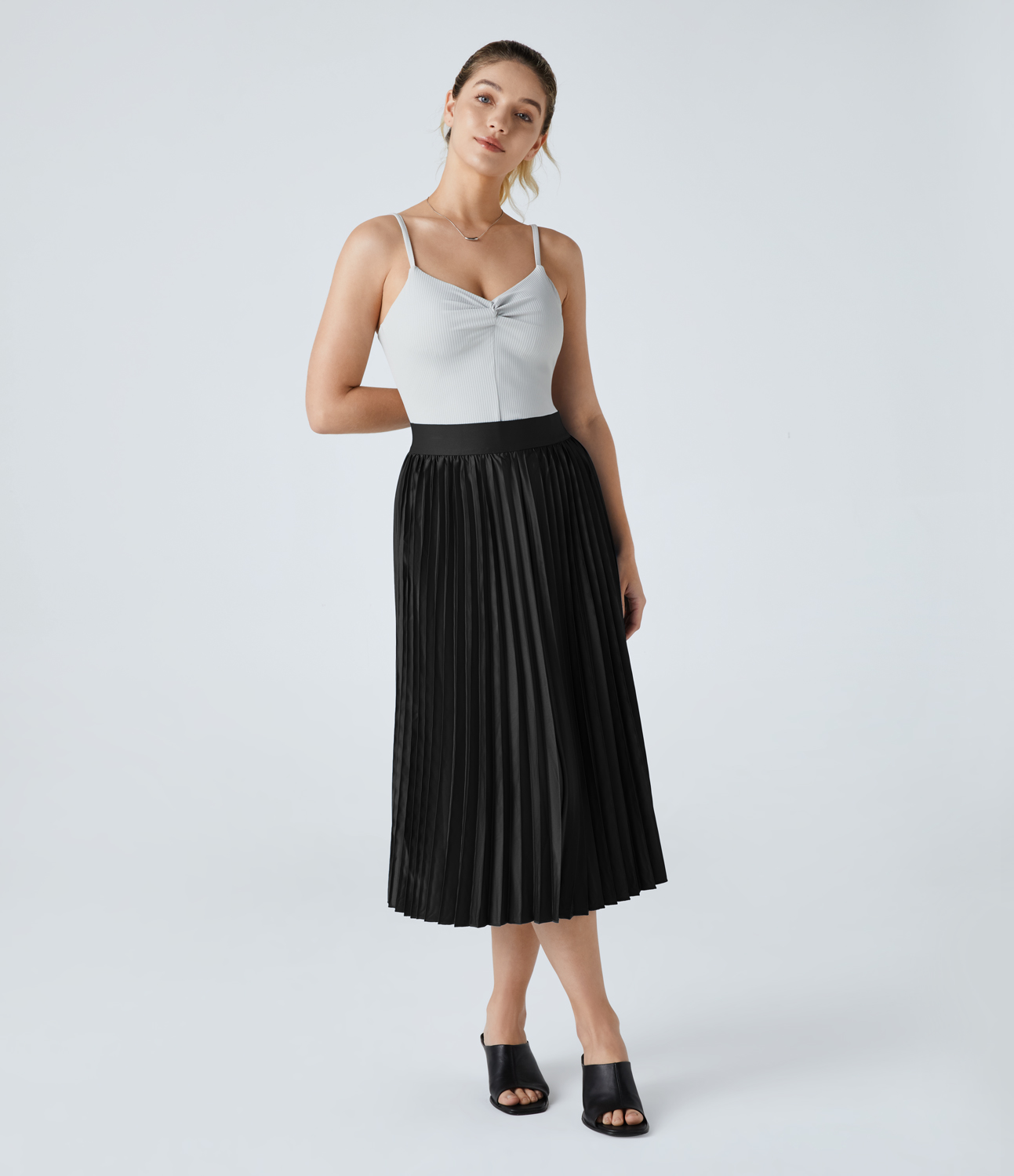 

Halara High Waisted Pleated Midi Satin-Like Casual Skirt - Black
