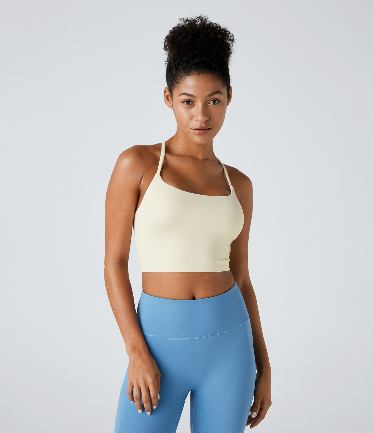 Halara Backless Crisscross Ruched Skinny Yoga Cami Top Tank Top - Vanilla Ice - S golf tops halter top tunic tops sleeveless tops 