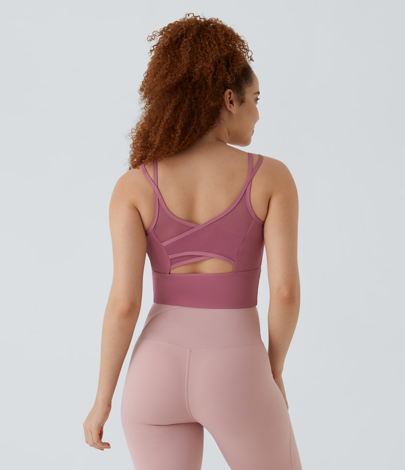 

Halara Low Support Backless Cut Out Contrast Mesh Yoga Sports Bra - Peach Blossom Red -  push up bra strapless bra backless bra sticky bra