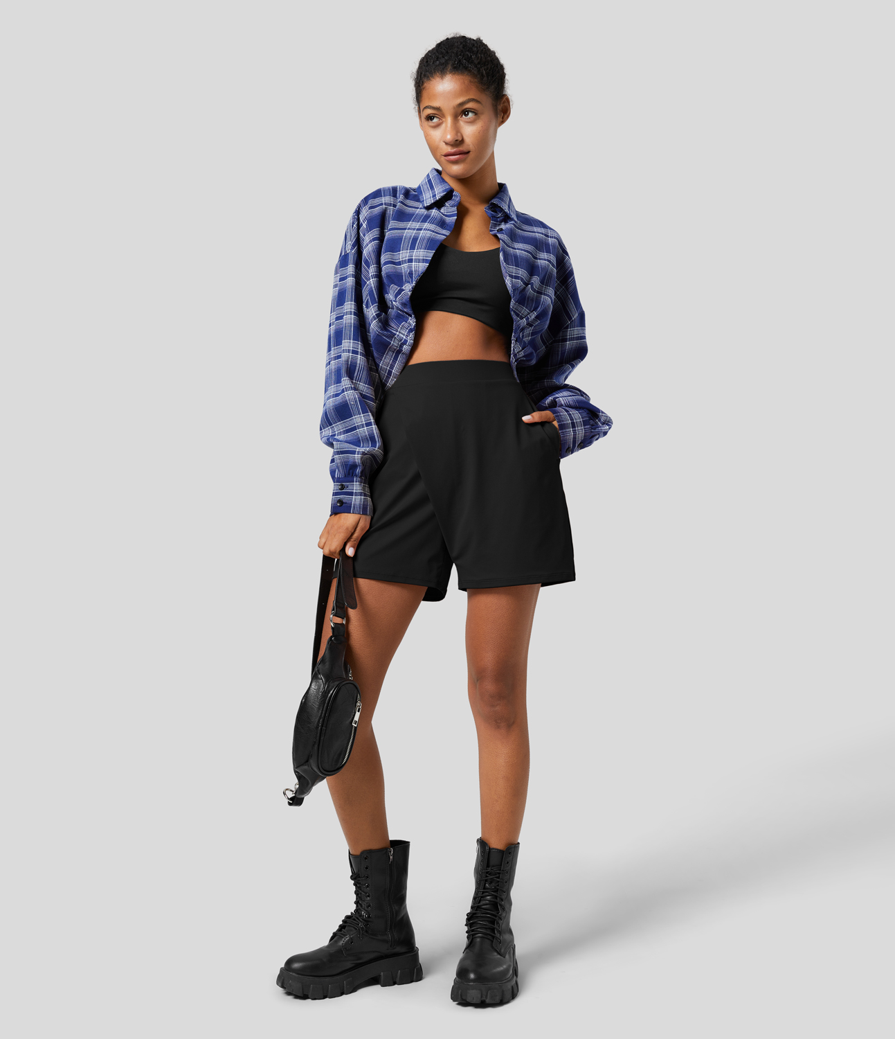 Halara High Waisted Wrapped Style Side Pocket Plicated Casual Shorts  - Tap Shoe - M 