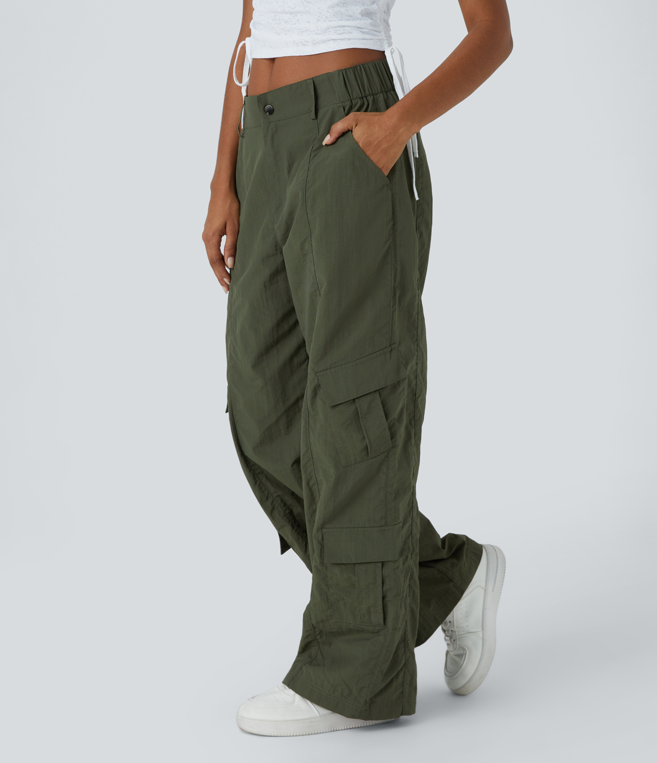 Halara Mid Rise Button Zipper Multiple Pockets Wide Leg Casual Cargo Pants  - Deep Tea Green - M sweatpants jogger pants stacked sweatpants 