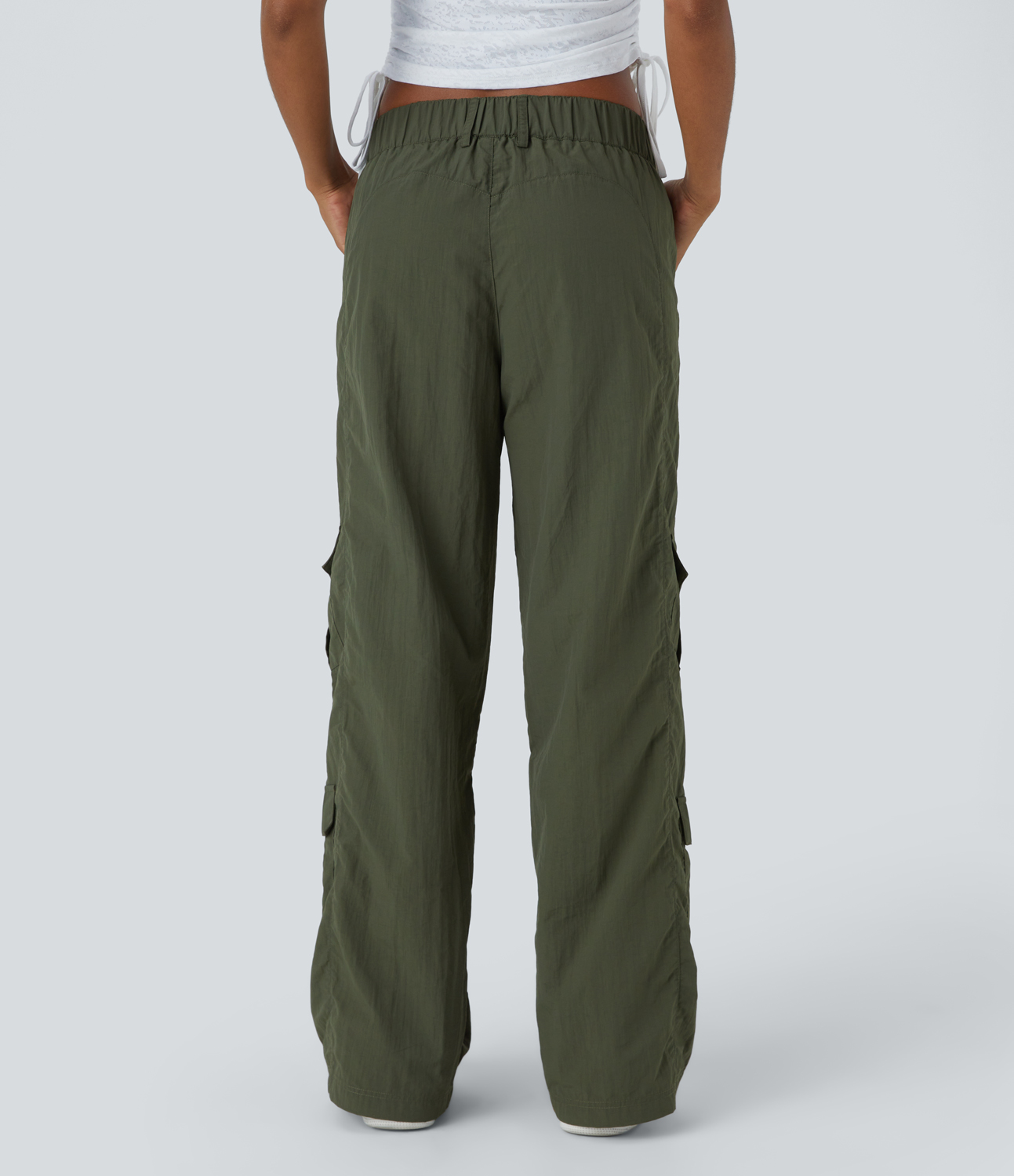 Halara Mid Rise Button Zipper Multiple Pockets Wide Leg Casual Cargo Pants  - Deep Tea Green - M sweatpants jogger pants stacked sweatpants 