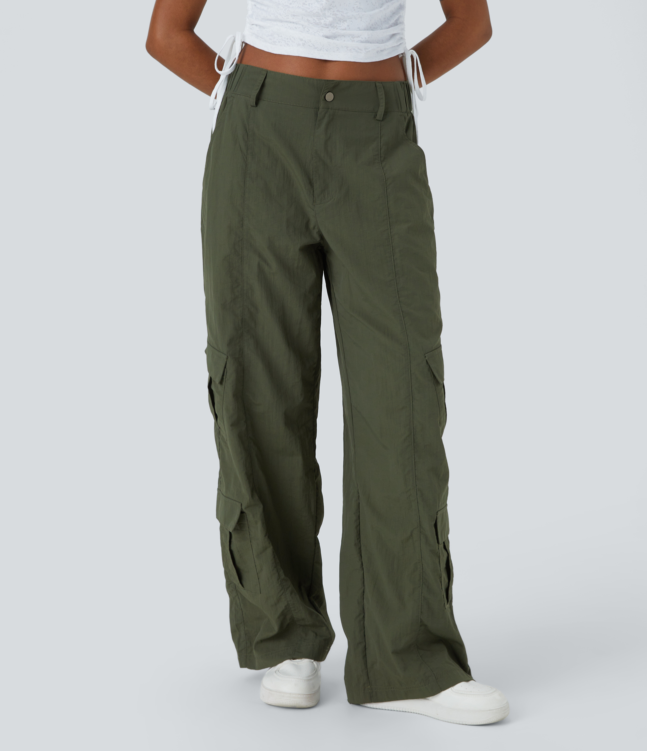 Halara Mid Rise Button Zipper Multiple Pockets Wide Leg Casual Cargo Pants  - Deep Tea Green - M sweatpants jogger pants stacked sweatpants 