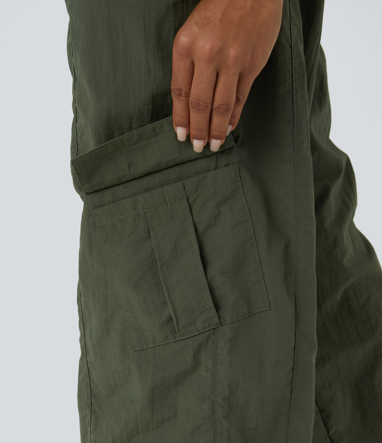 Halara Mid Rise Button Zipper Multiple Pockets Wide Leg Casual Cargo Pants  - Deep Tea Green - M sweatpants jogger pants stacked sweatpants 