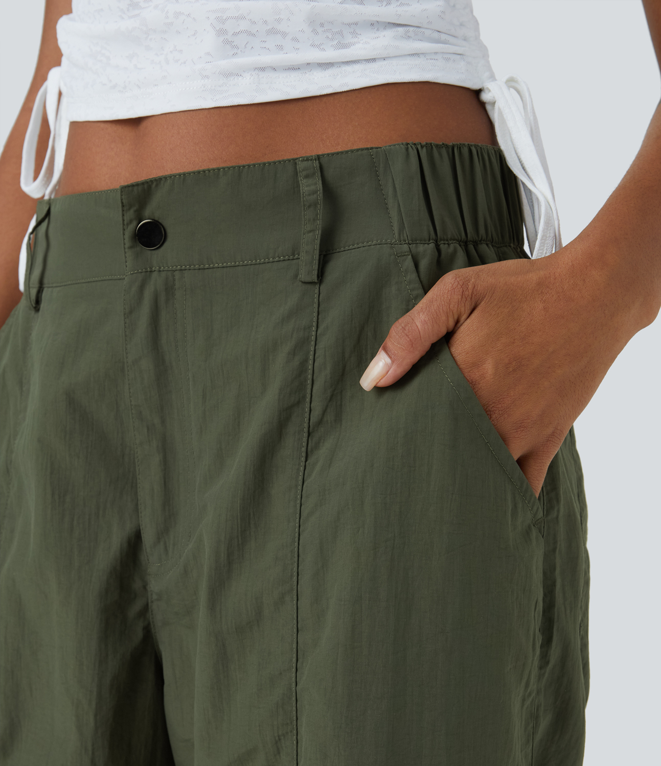 Halara Mid Rise Button Zipper Multiple Pockets Wide Leg Casual Cargo Pants  - Deep Tea Green - M sweatpants jogger pants stacked sweatpants 