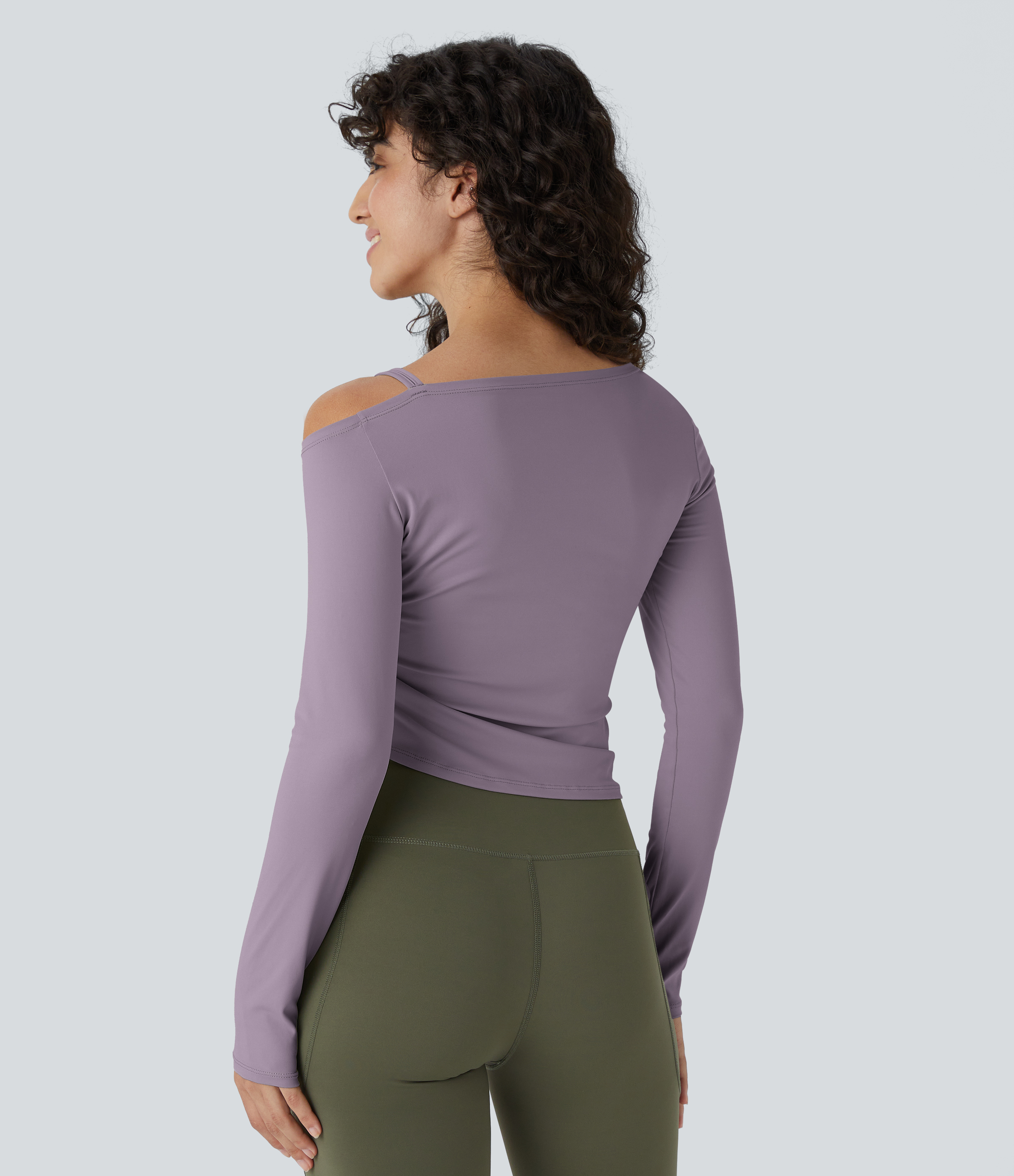 Halara Off Shoulder Ruched Drawstring Cropped Dance Sports Top  - Nirvana - M 