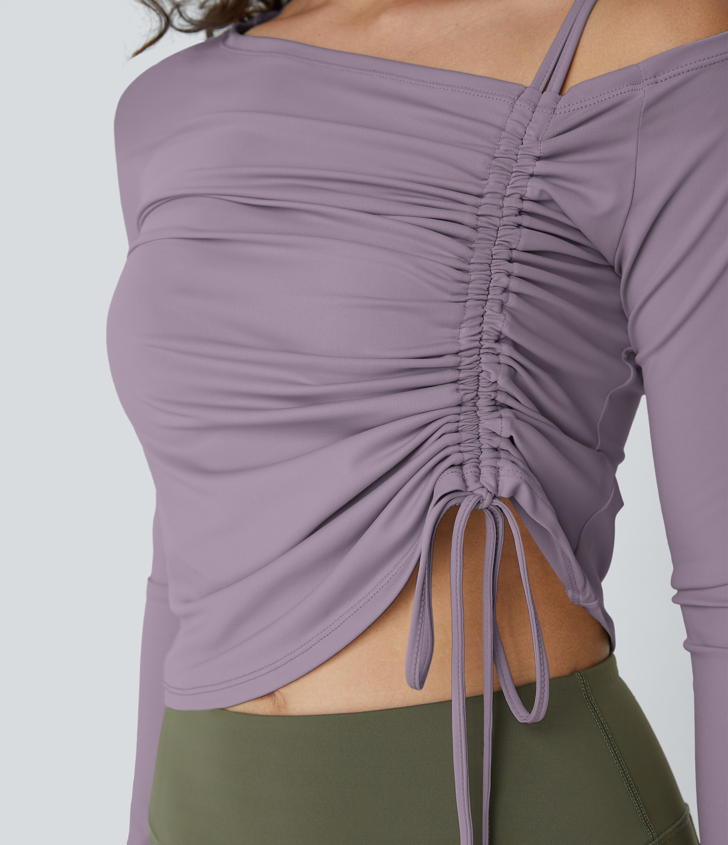 Halara Off Shoulder Ruched Drawstring Cropped Dance Sports Top  - Nirvana - M 