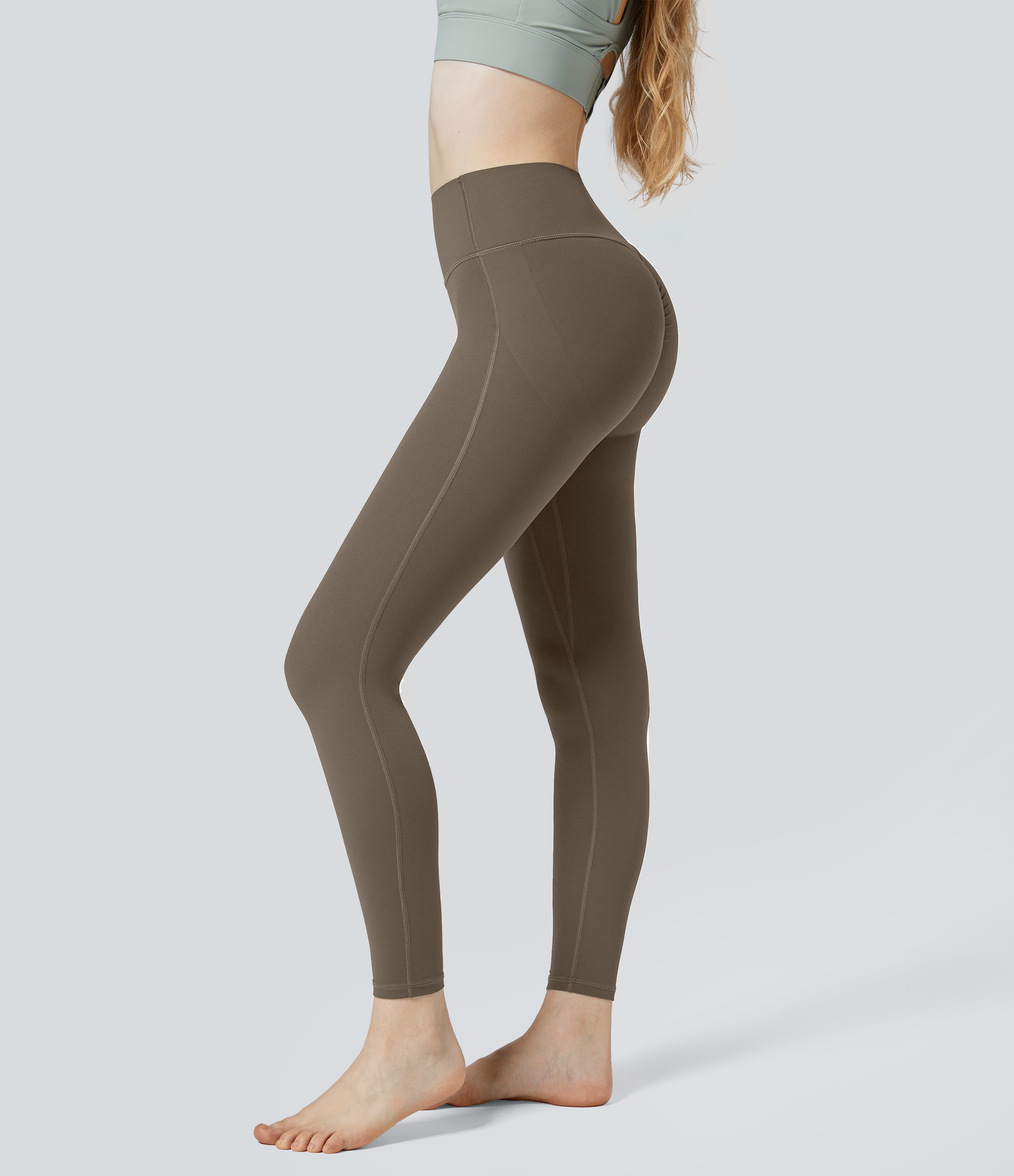 Halara UltraSculpt High Waisted Ruched Tummy Control Butt Lifting Yoga 7/8 Leggings  - Dawn Brown - S(7/8) gym leggings leggings with pockets 