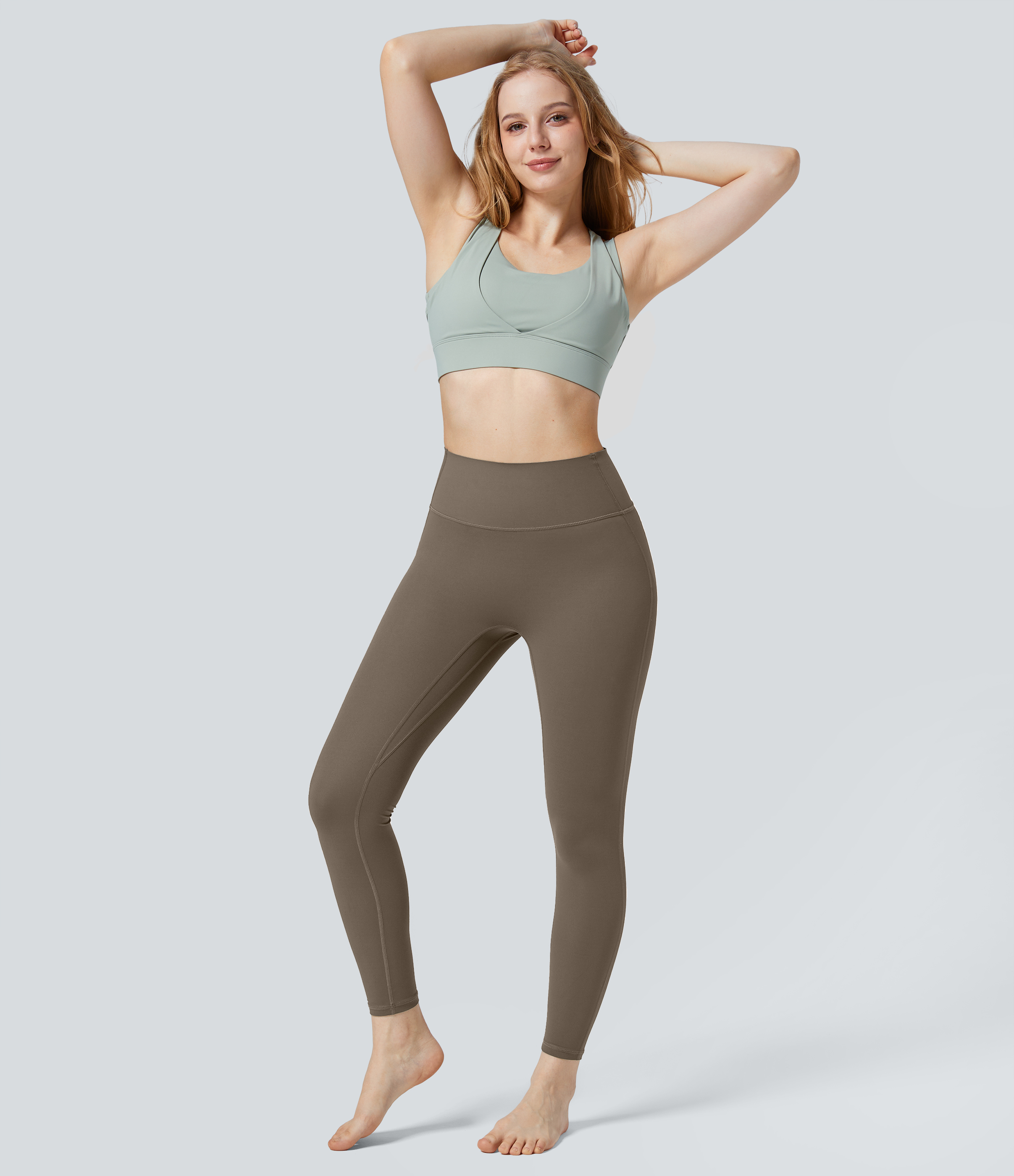 Halara UltraSculpt High Waisted Ruched Tummy Control Butt Lifting Yoga 7/8 Leggings  - Dawn Brown - S(7/8) gym leggings leggings with pockets 