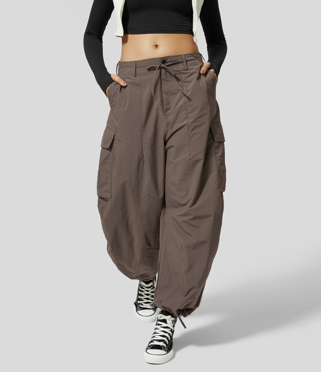 Halara Mid Rise Drawstring Button Zipper Multiple Pockets Casual Cargo Joggers  - Coffee Quartz - M 