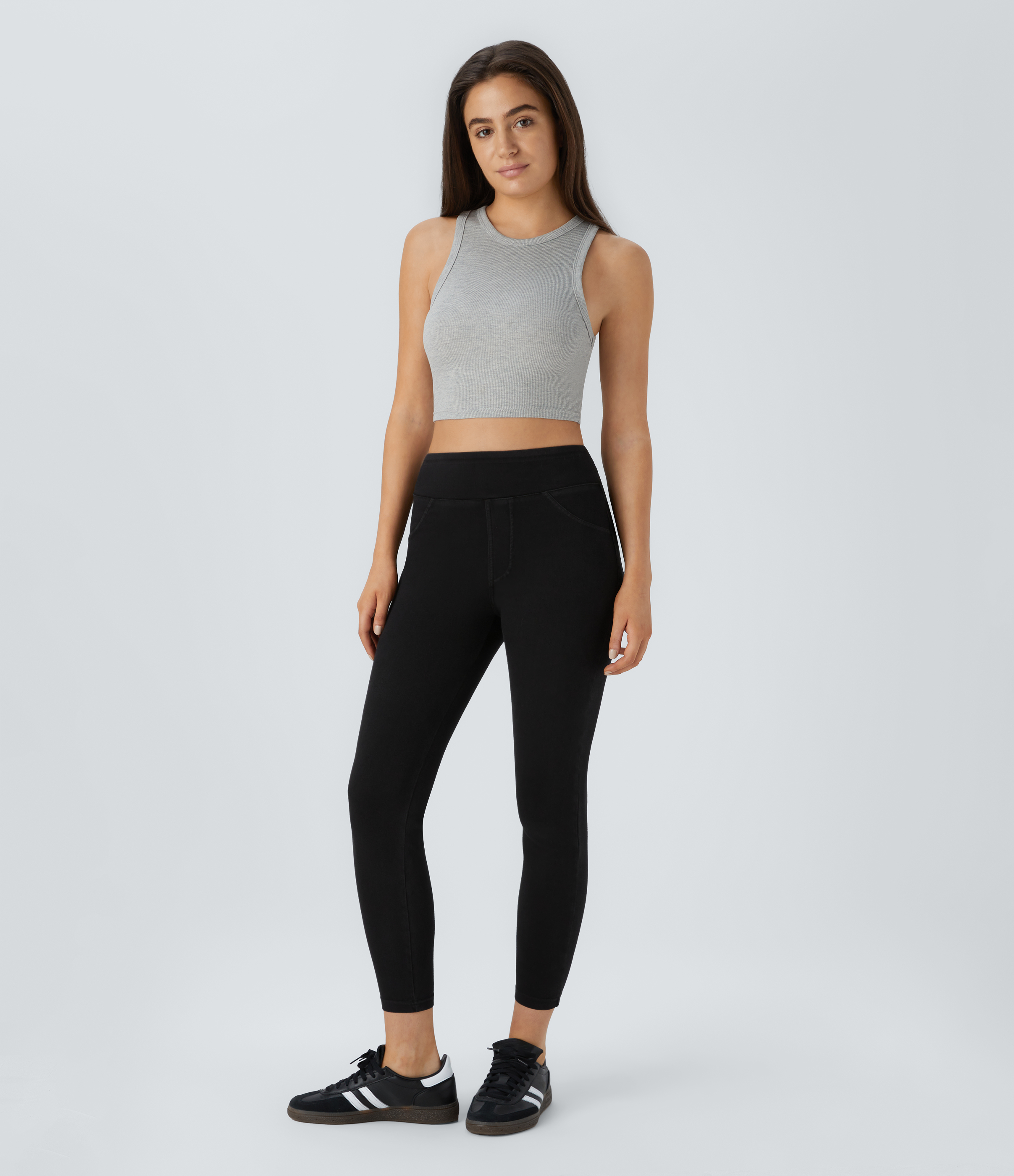 Halara HalaraMagicв„ў High Waisted Back Side Pocket Stretchy Knit Denim Casual Leggings  - Black Denim - M(full_length) 