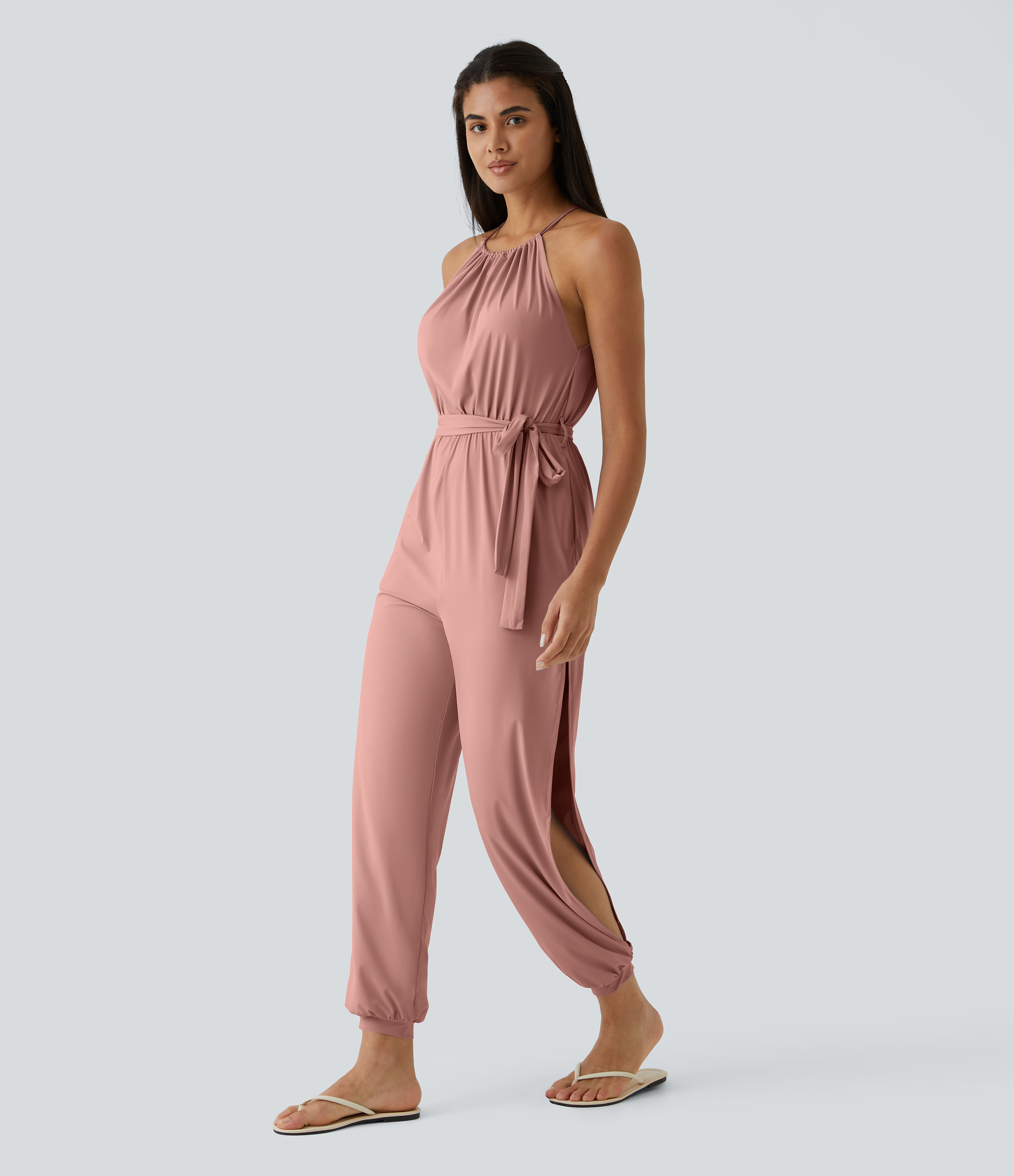 Sleeveless Tie Back Belted Pocket Cut Out Cool Touch Jumpsuit-UPF50+
