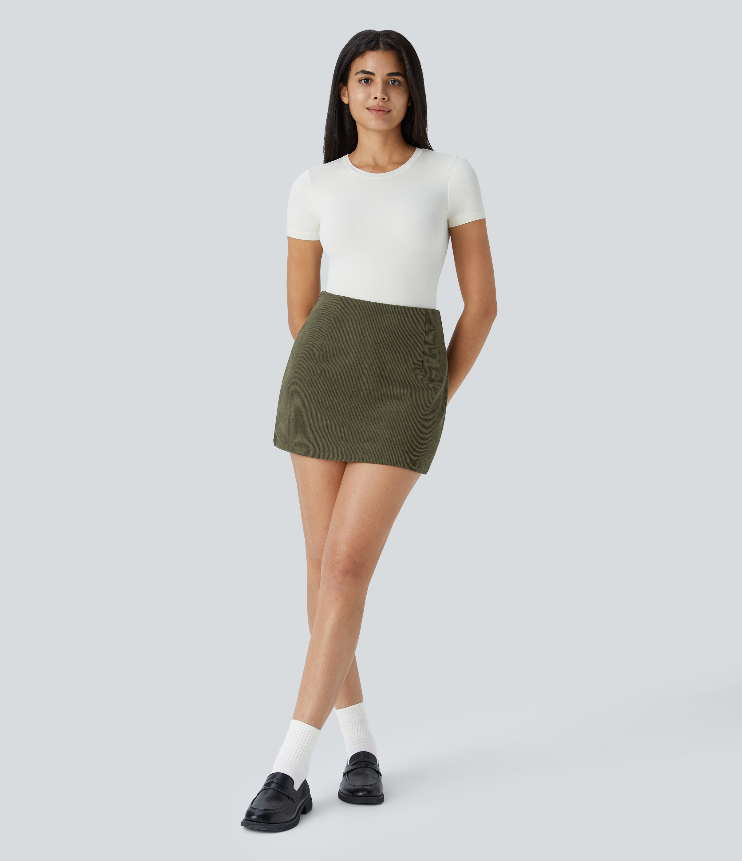 Halara High Waisted Invisible Zipper 2-in-1 A Line Mini Corduroy Casual Skirt  - Icy Bamboo Green - XL(regular) 