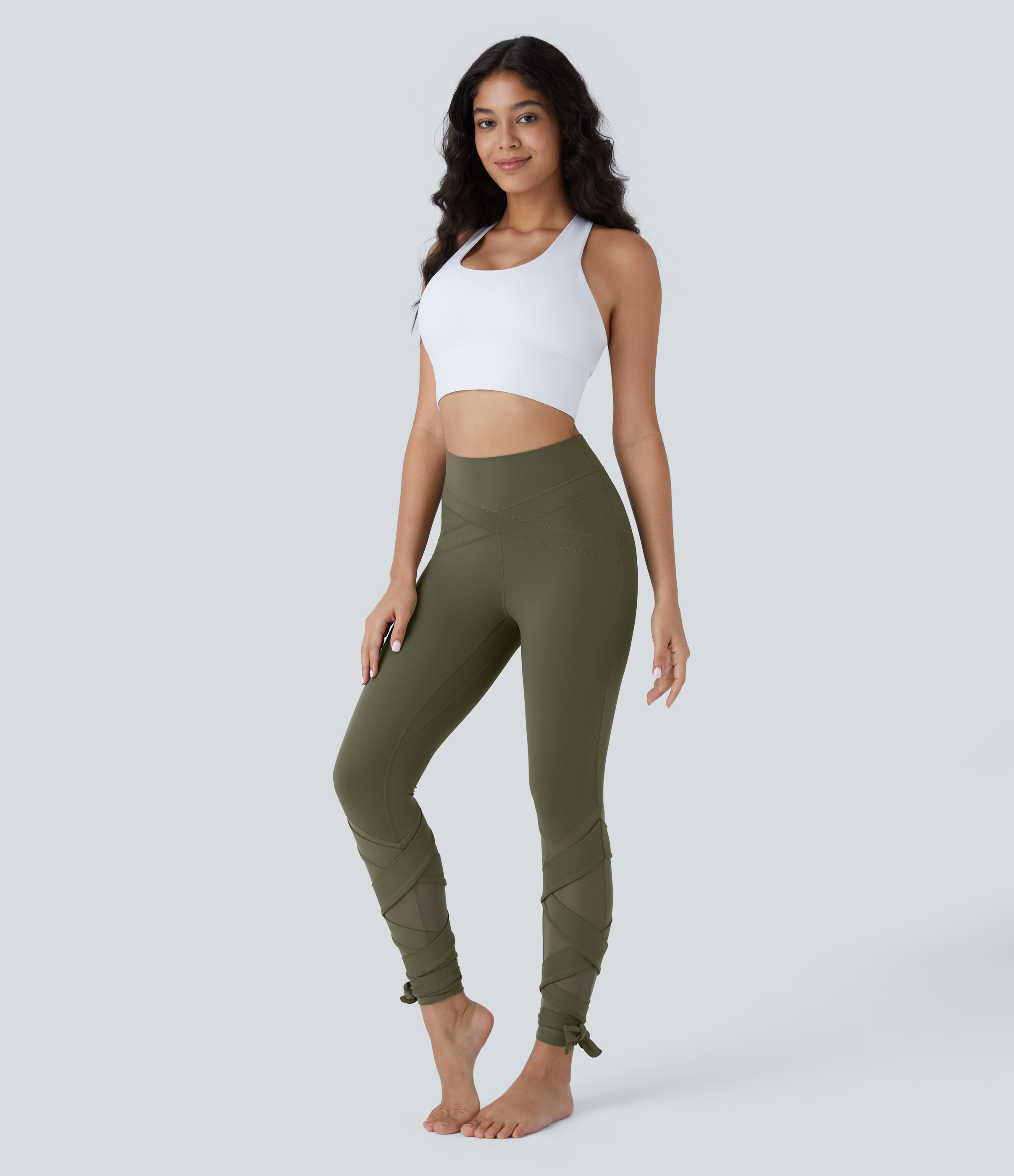 Halara Softlyzeroв„ў High Waisted Contrast Mesh Crisscross Lace Up Yoga 7/8 Leggings  - Grass Grey Green - L(7/8) gym leggings 