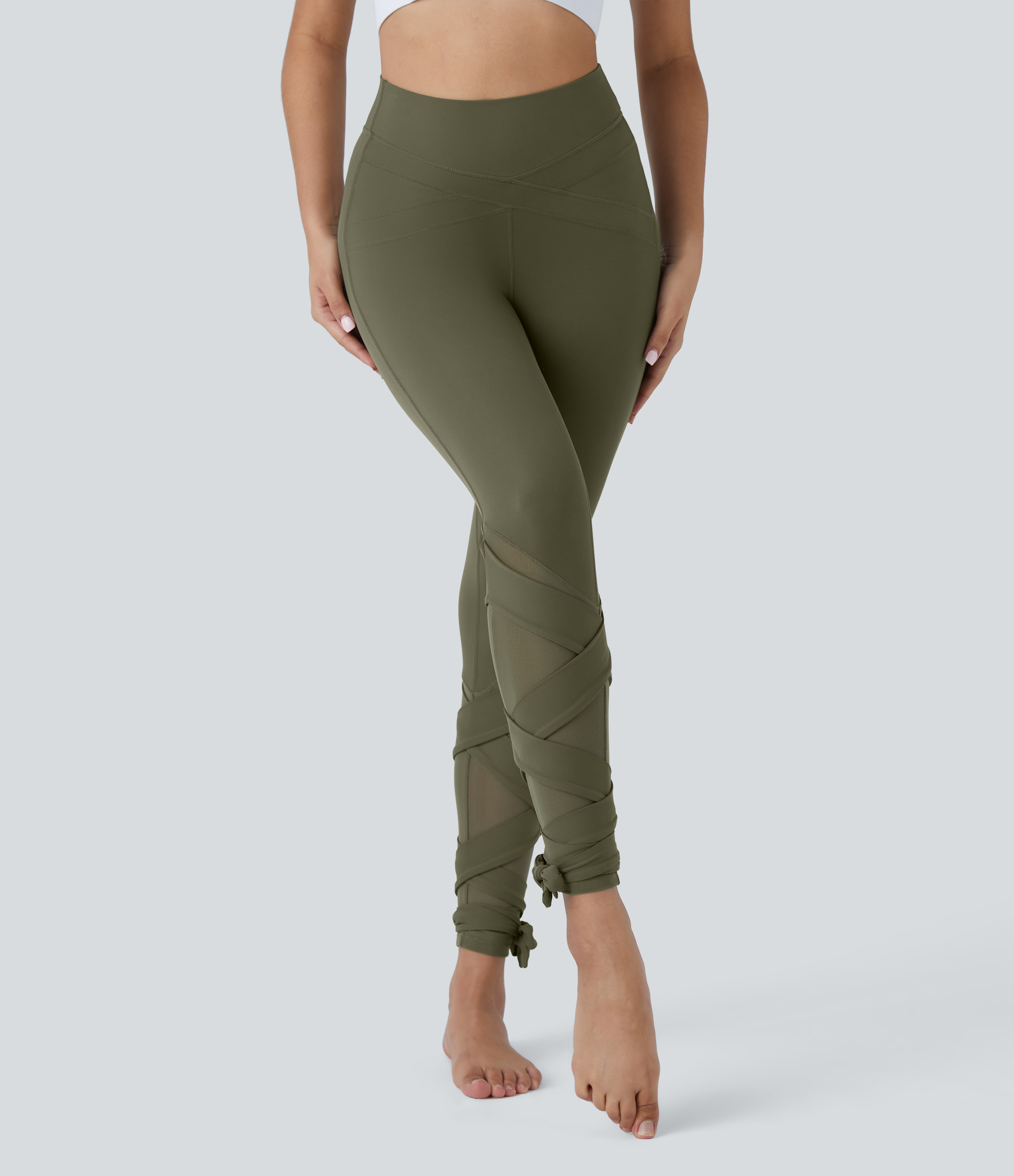 Halara Softlyzeroв„ў High Waisted Contrast Mesh Crisscross Lace Up Yoga 7/8 Leggings  - Grass Grey Green - L(7/8) gym leggings 