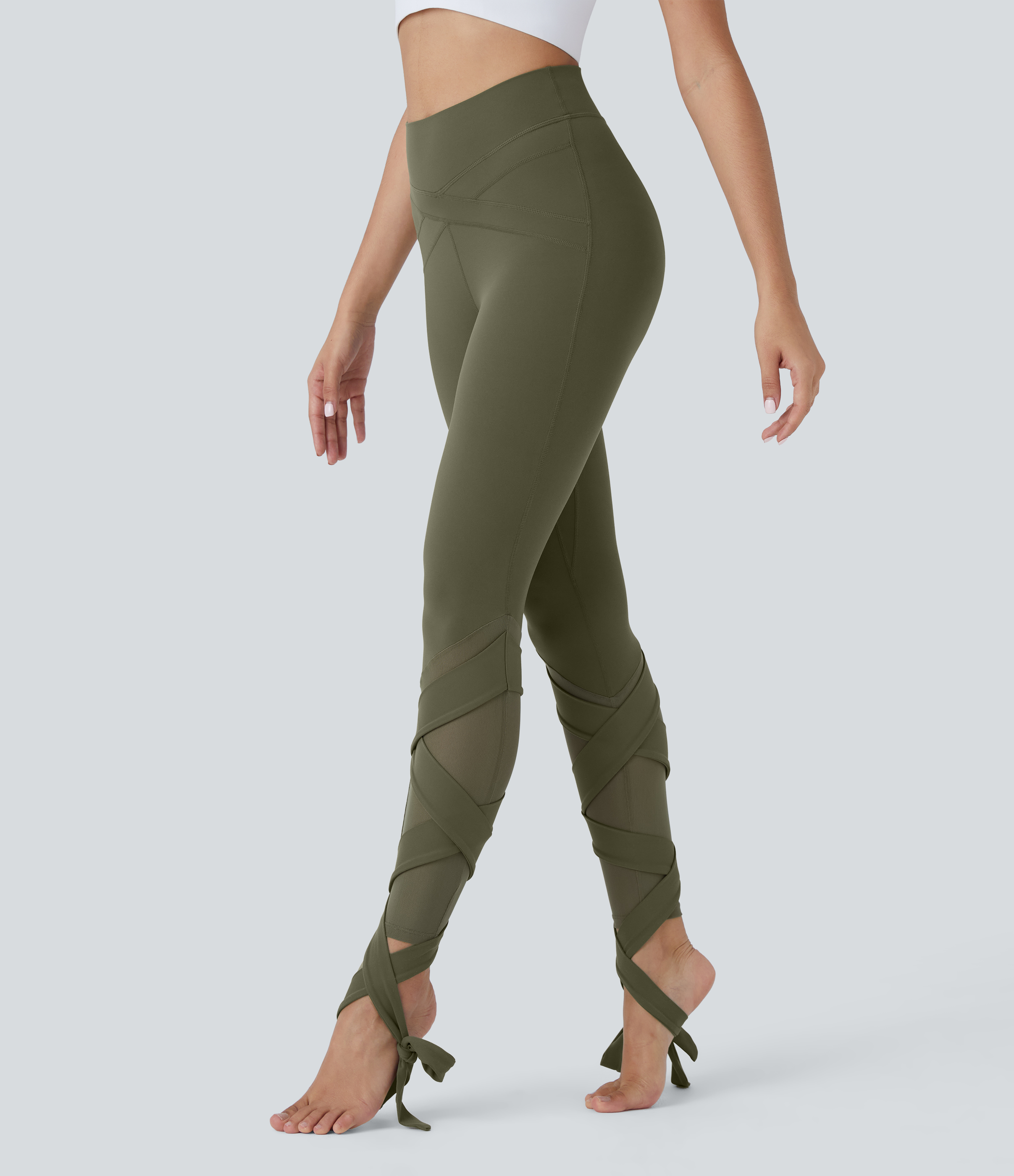 Halara Softlyzeroв„ў High Waisted Contrast Mesh Crisscross Lace Up Yoga 7/8 Leggings  - Grass Grey Green - L(7/8) gym leggings 