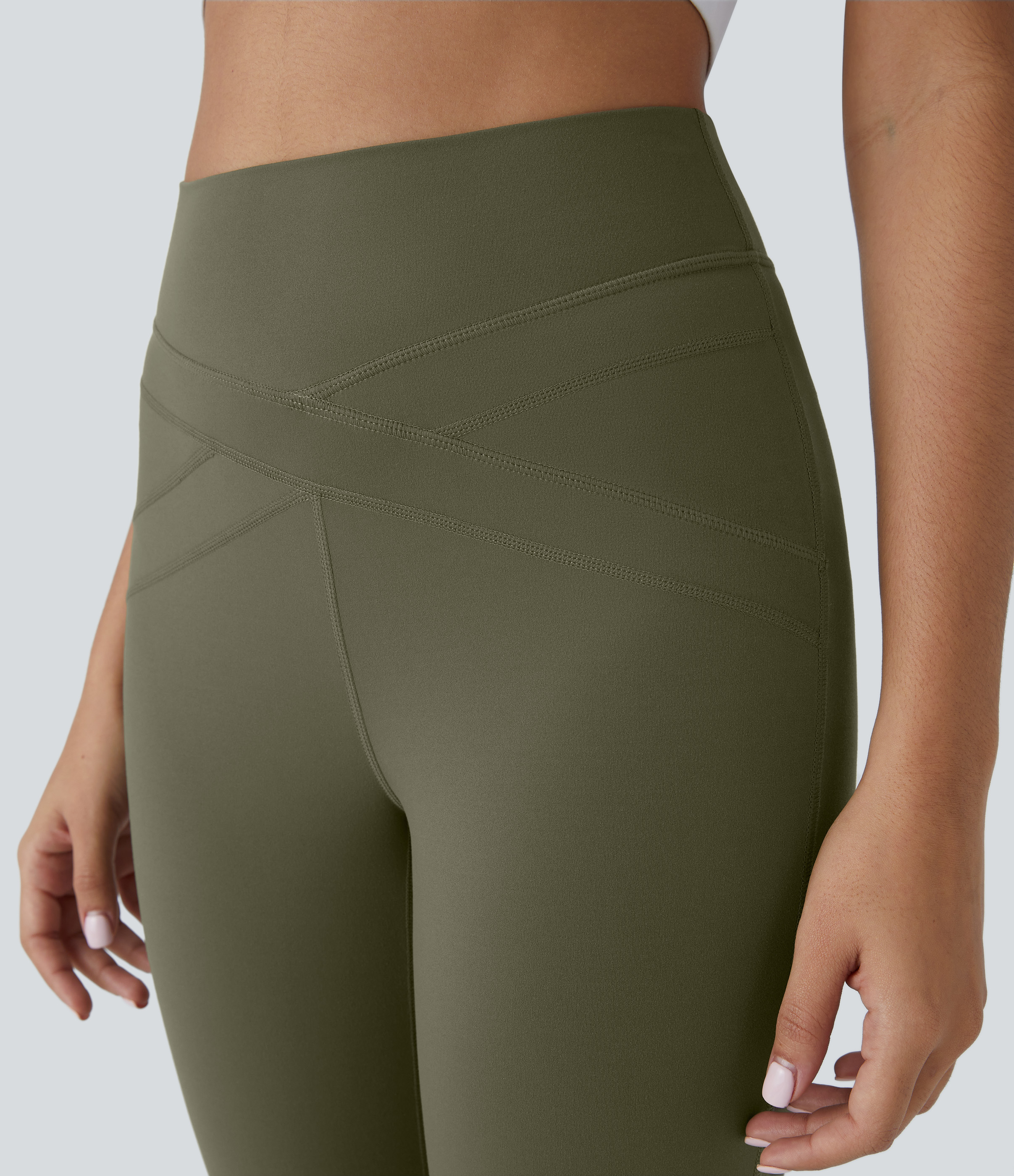 Halara Softlyzeroв„ў High Waisted Contrast Mesh Crisscross Lace Up Yoga 7/8 Leggings  - Grass Grey Green - L(7/8) gym leggings 