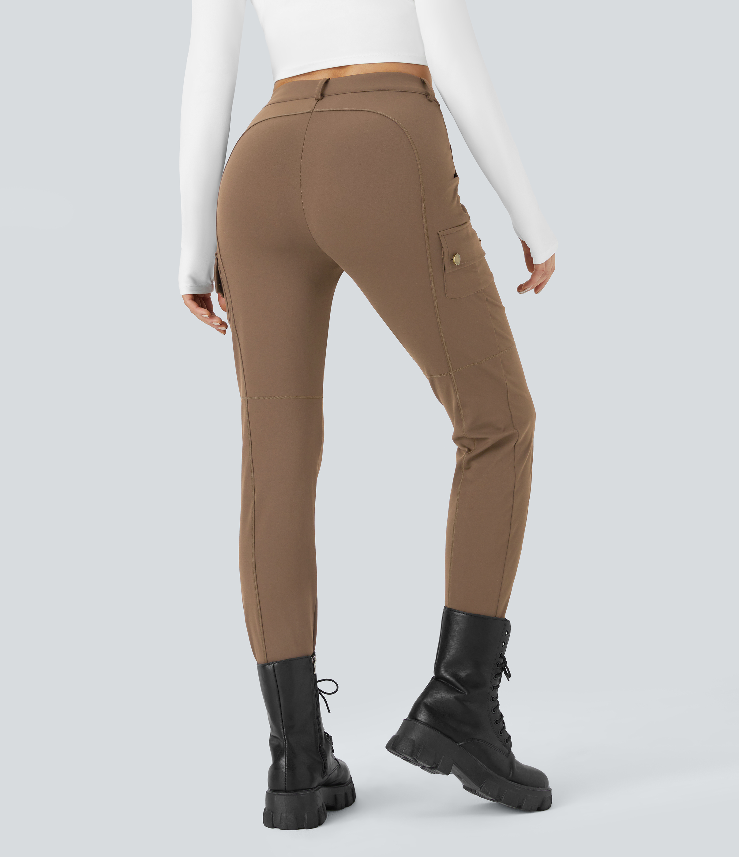 Halara High Waisted Button Zipper Multiple Pockets Solid Skinny Hiking Cargo Pants  - Burro - L(regular) 