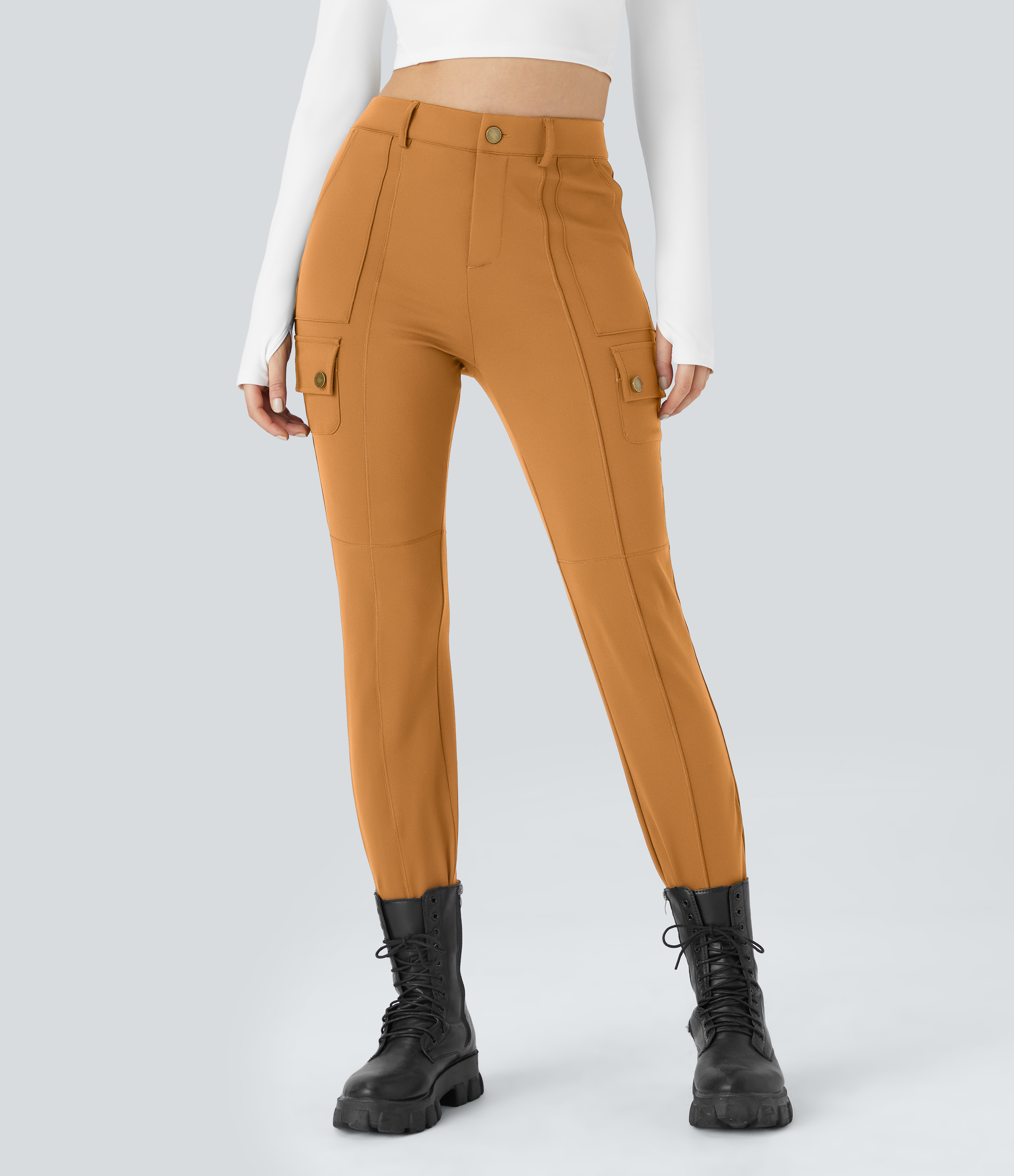 Halara High Waisted Button Zipper Multiple Pockets Solid Skinny Cargo Pants  - Buckskin - XS(regular) 