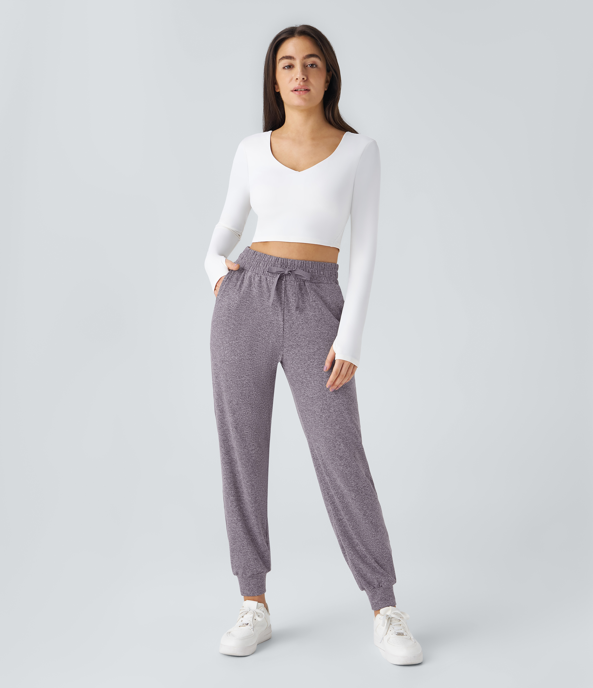 Halara High Waisted Drawstring Side Pocket Ruched Yoga Joggers  - Purple Ash Floral Yarn - XL(regular) 