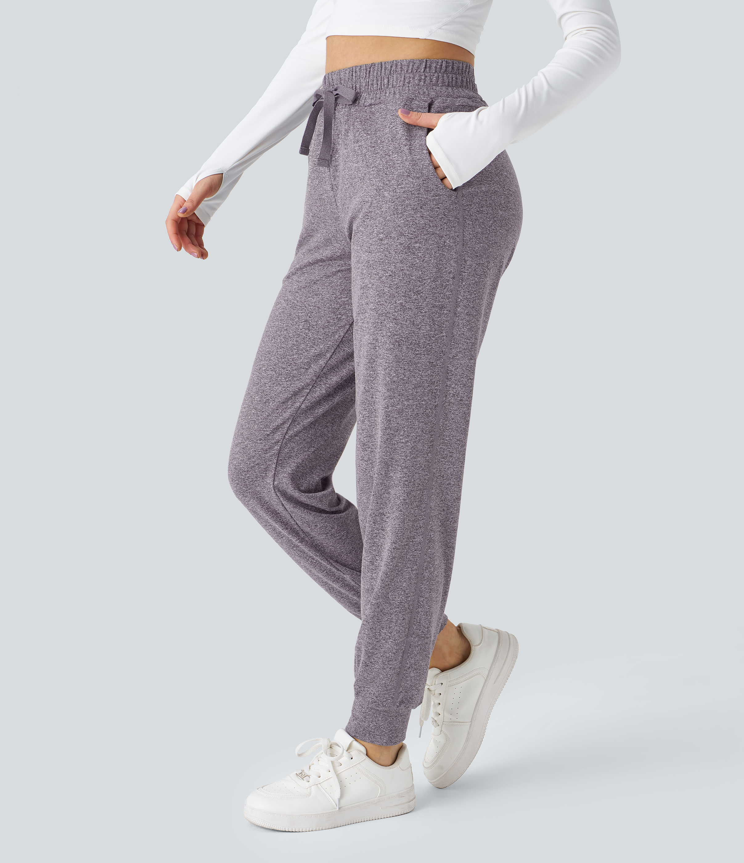 Halara High Waisted Drawstring Side Pocket Ruched Yoga Joggers  - Purple Ash Floral Yarn - XL(regular) 