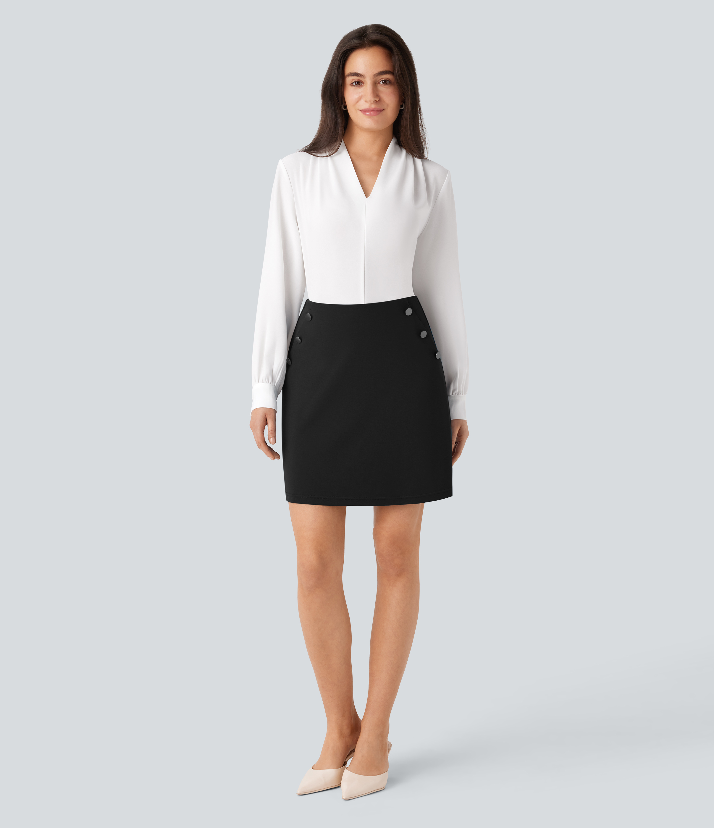 Halara High Waisted Decorative Button Side Pockets 2-in-1 Mini A Line Work Skirt  - Black - M(regular) 