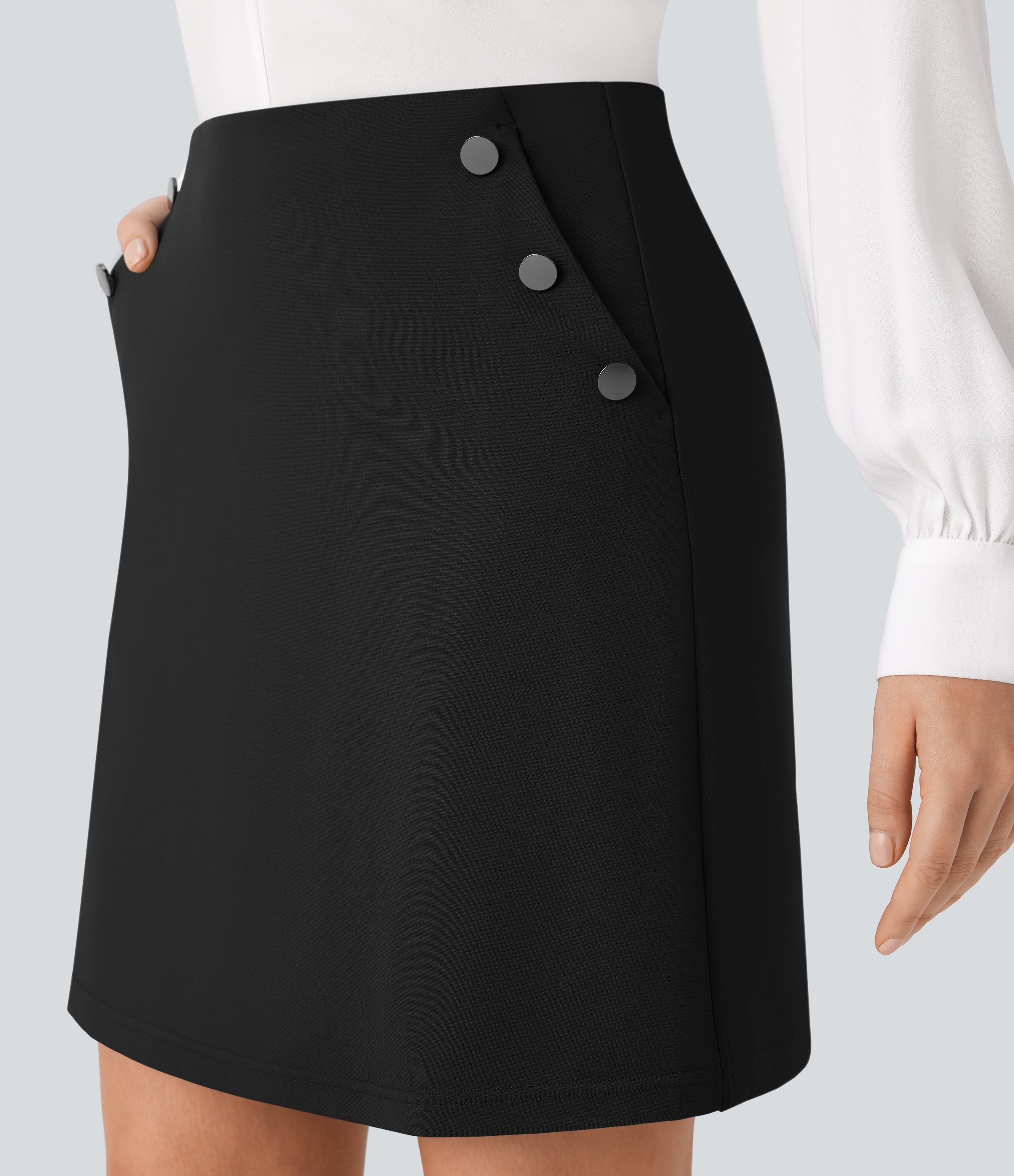 Halara High Waisted Decorative Button Side Pockets 2-in-1 Mini A Line Work Skirt  - Black - M(regular) 