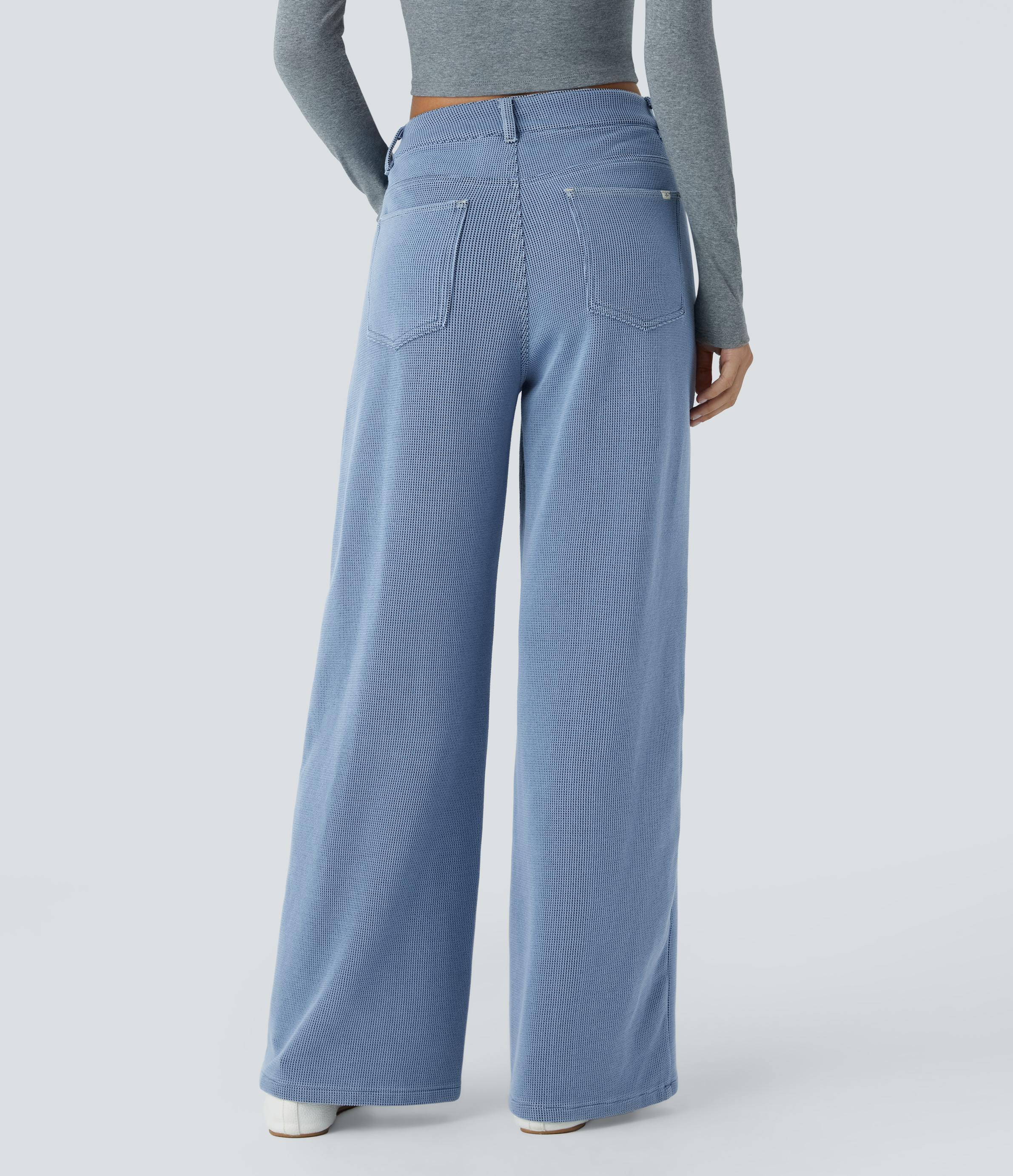 Sky Blue Waffle Denim Jeans Halara Flex™ Denim pierna ancha tiro bajo cierre botón múltiple bolsillo elástico gofre / 2