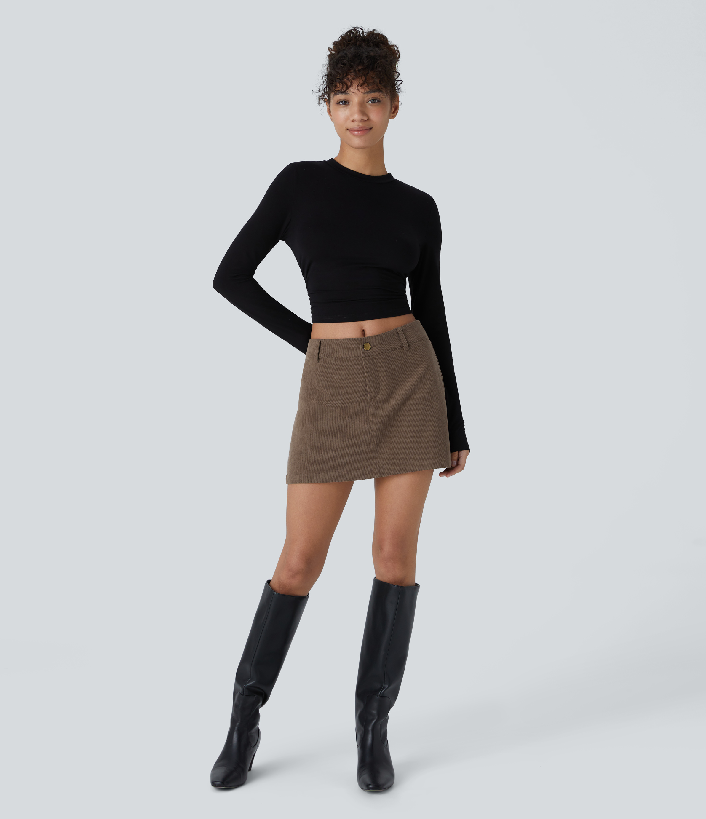 Halara Mid Low Rise Button Zipper 2-in-1 A Line Mini Casual Corduroy Skirt  - Camellia Brown - L(regular) 