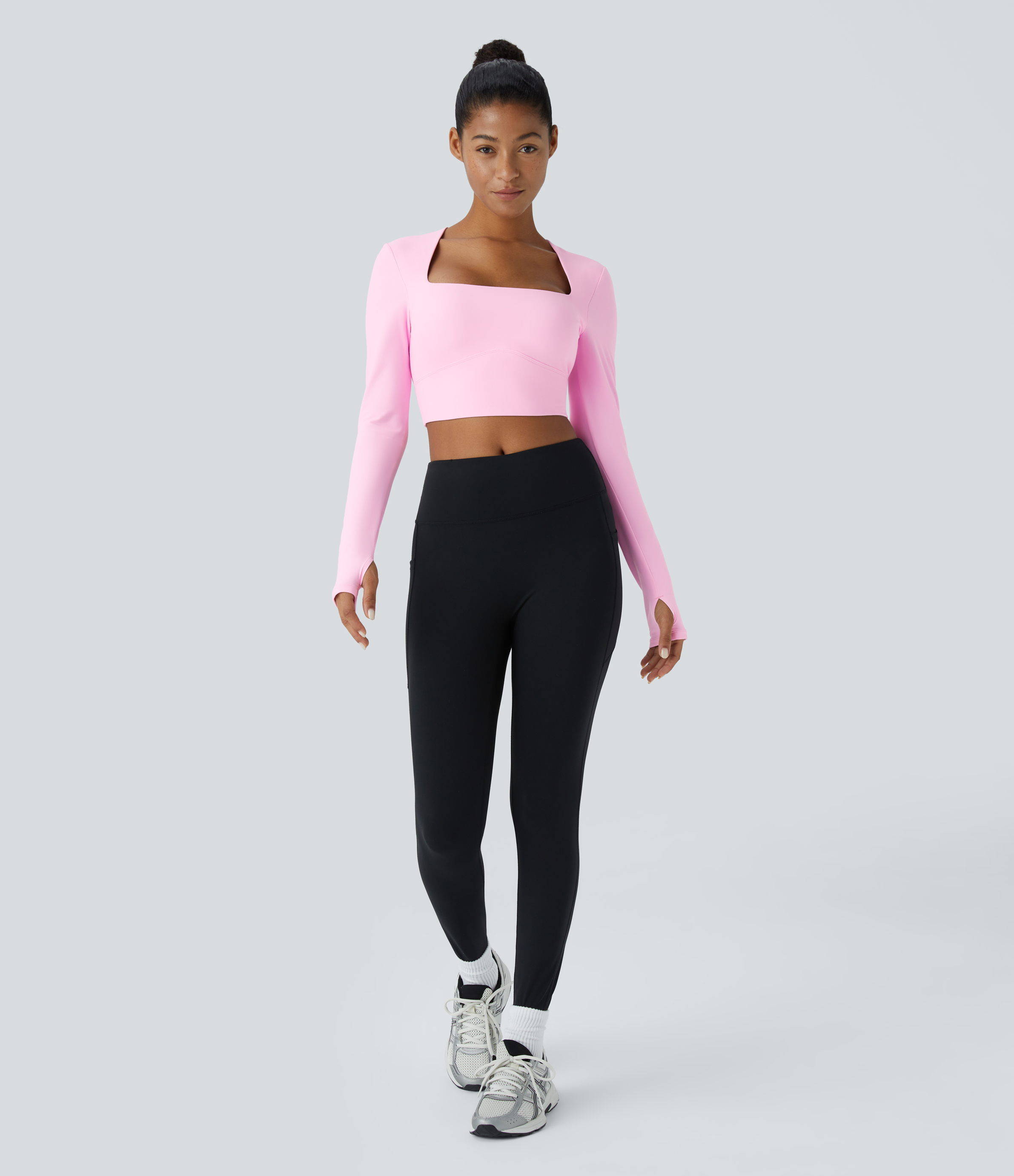 Halara Softlyzeroв„ў Plush Square Neck Backless Long Sleeve Thumb Hole Cropped Yoga Sports Top  - Nosegay - L 