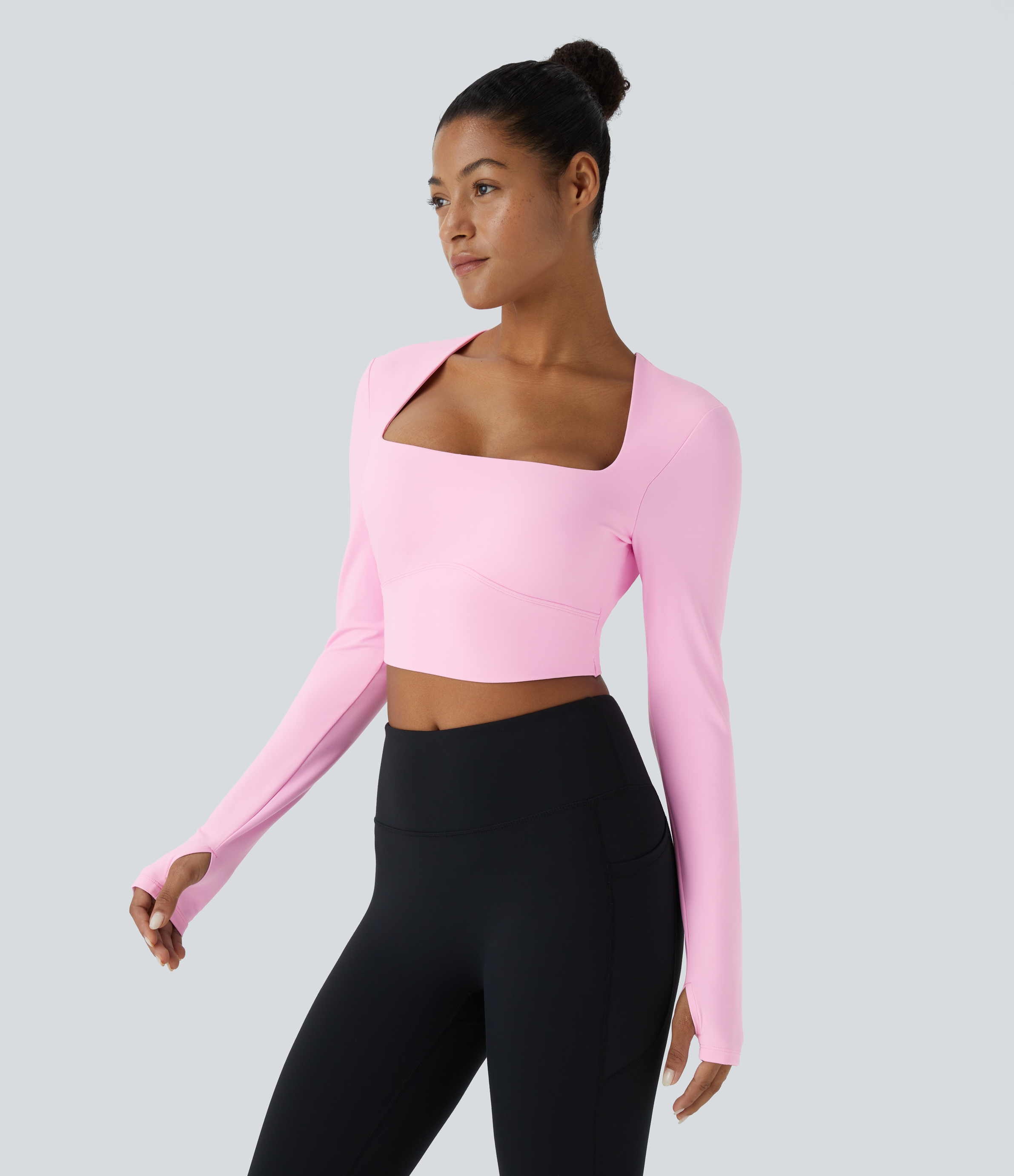 Halara Softlyzeroв„ў Plush Square Neck Backless Long Sleeve Thumb Hole Cropped Yoga Sports Top  - Nosegay - L 