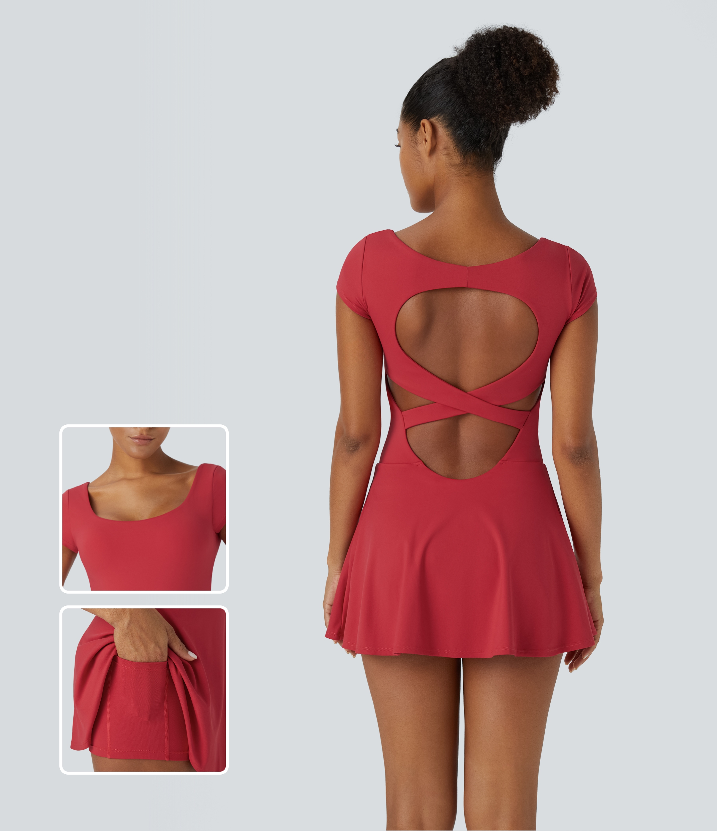 Halara Backless Crisscross 2-in-1 Side Pocket Mini Pickleball Active Dress Workout Dress - Salsa - XS 