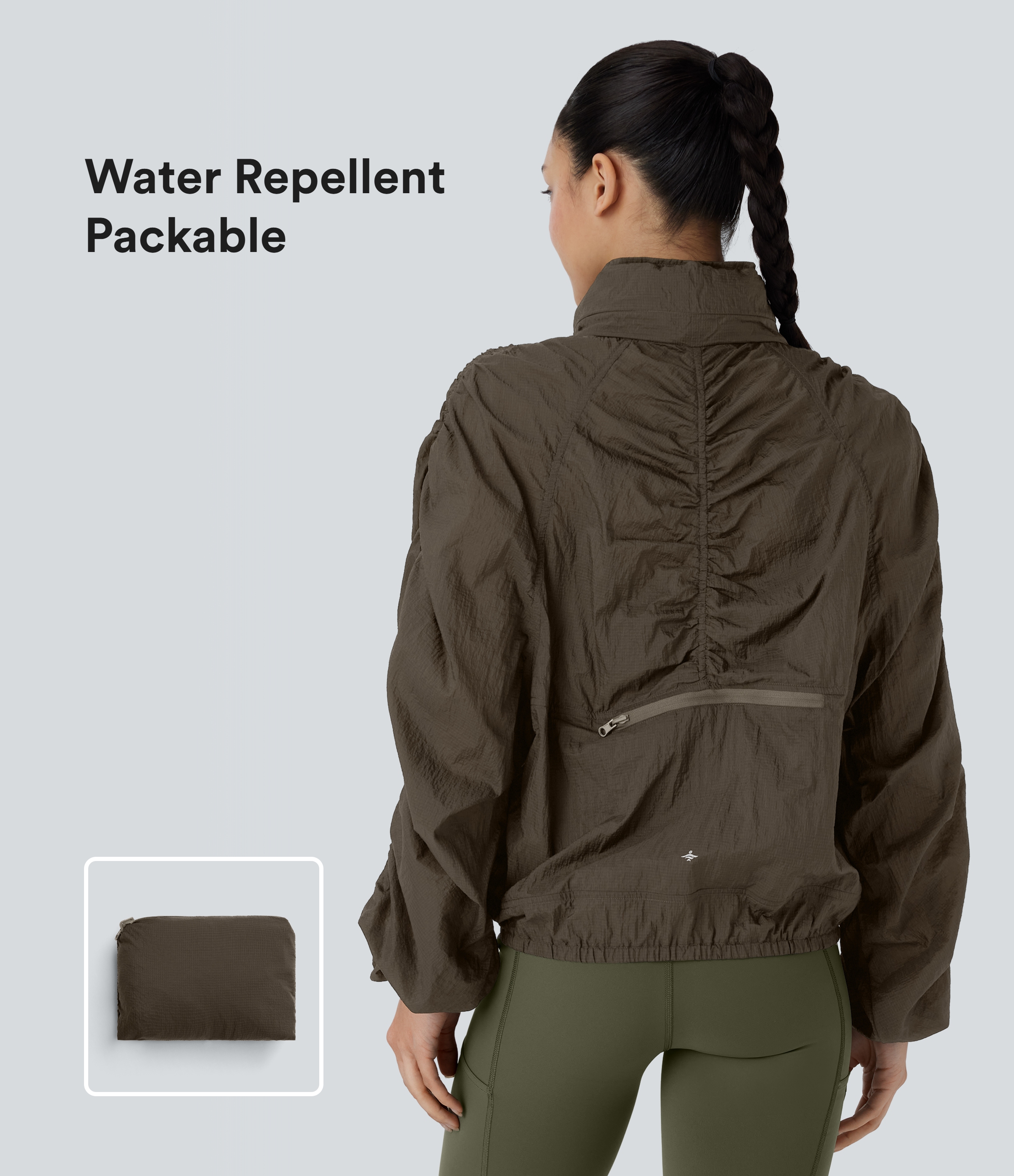 Water Repellent Lightweight Stowable Hood Ruched Sleeve Pocket Hiking Packable Jacket
