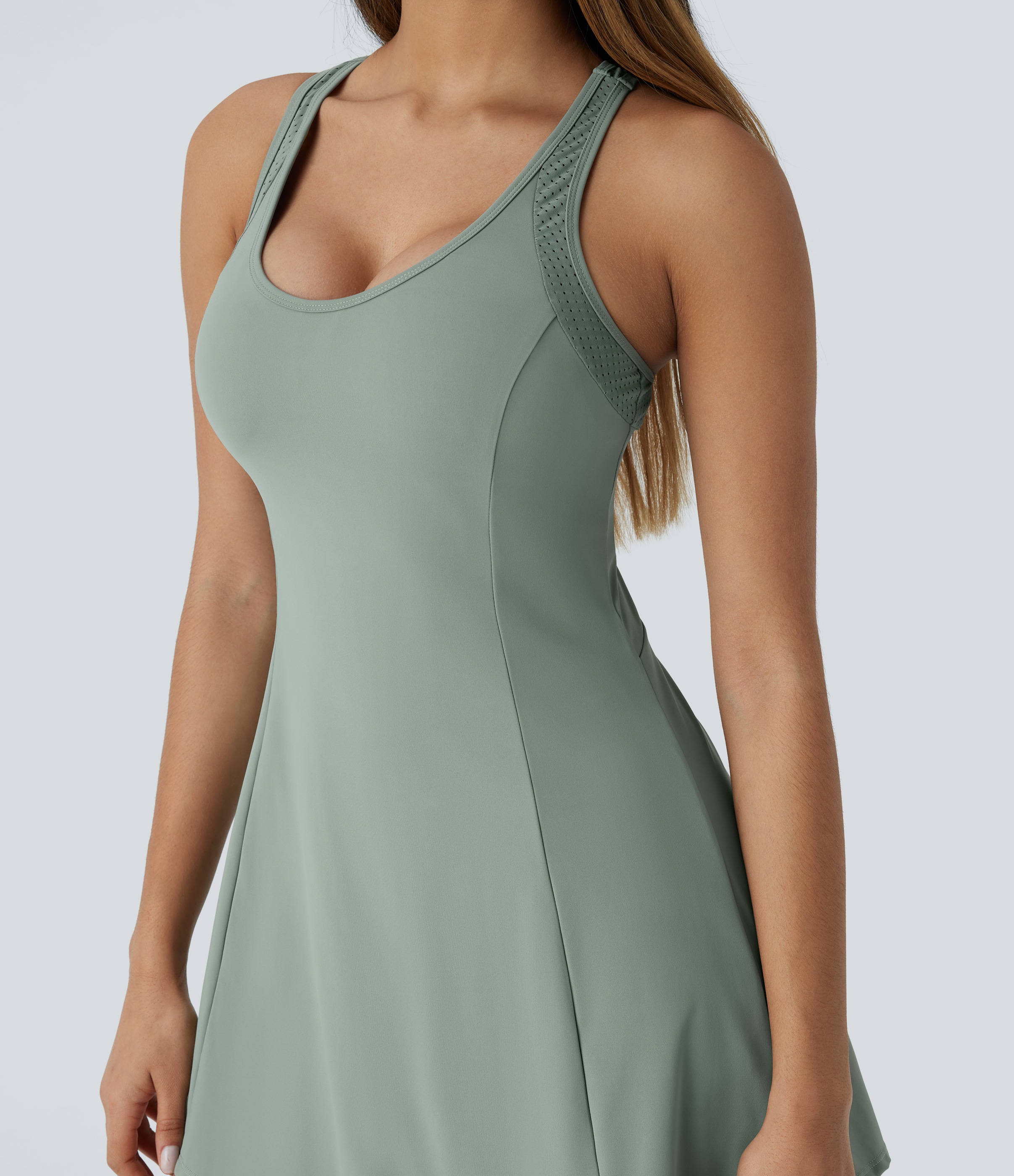 Halara Softlyzeroв„ў Airy Backless Crisscross 2-Piece Side Pocket Cool Touch Mini Yoga Active Dress-UPF50+ Workout Dress - Basil Green - M 