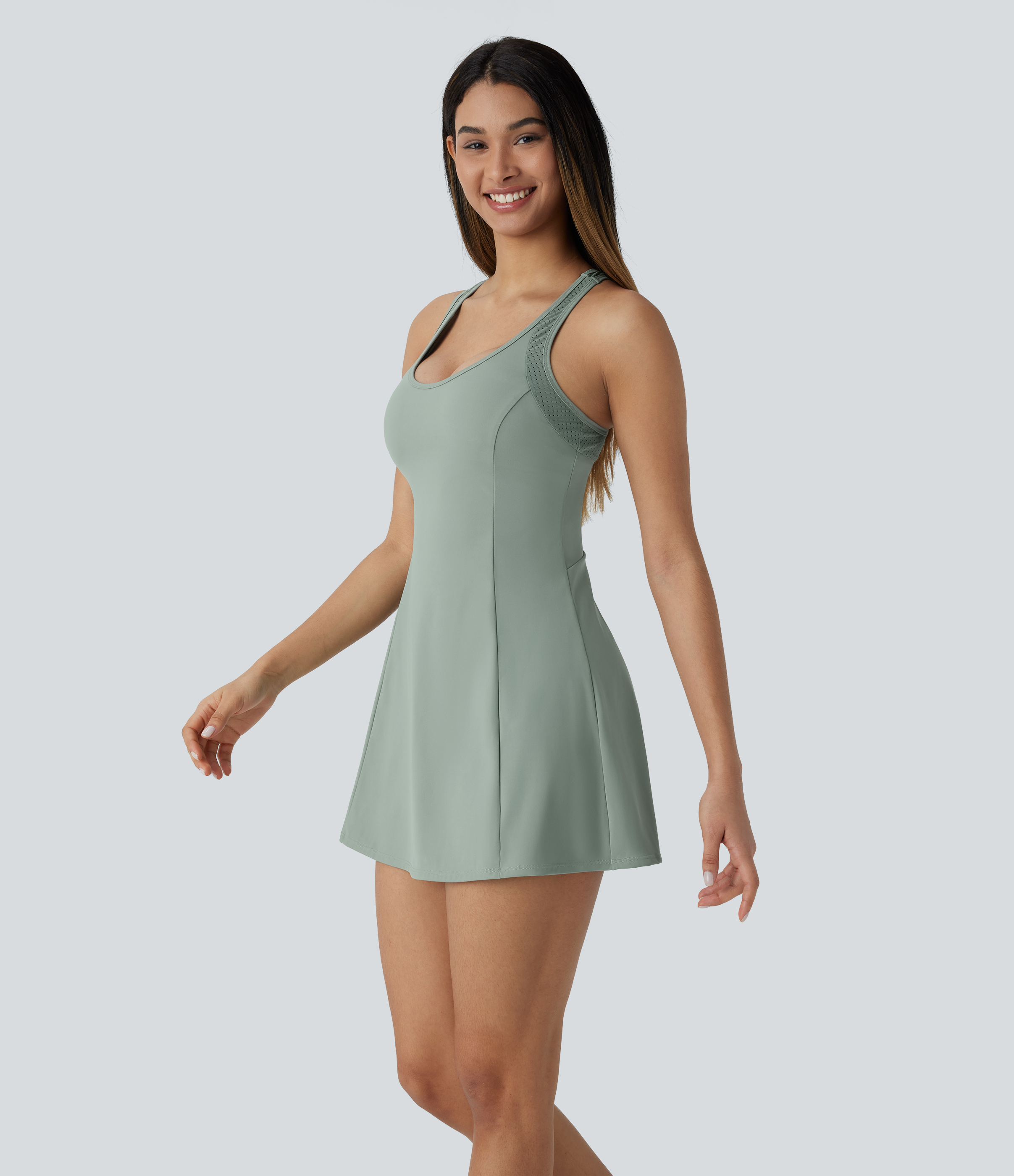Halara Softlyzeroв„ў Airy Backless Crisscross 2-Piece Side Pocket Cool Touch Mini Yoga Active Dress-UPF50+ Workout Dress - Basil Green - M 