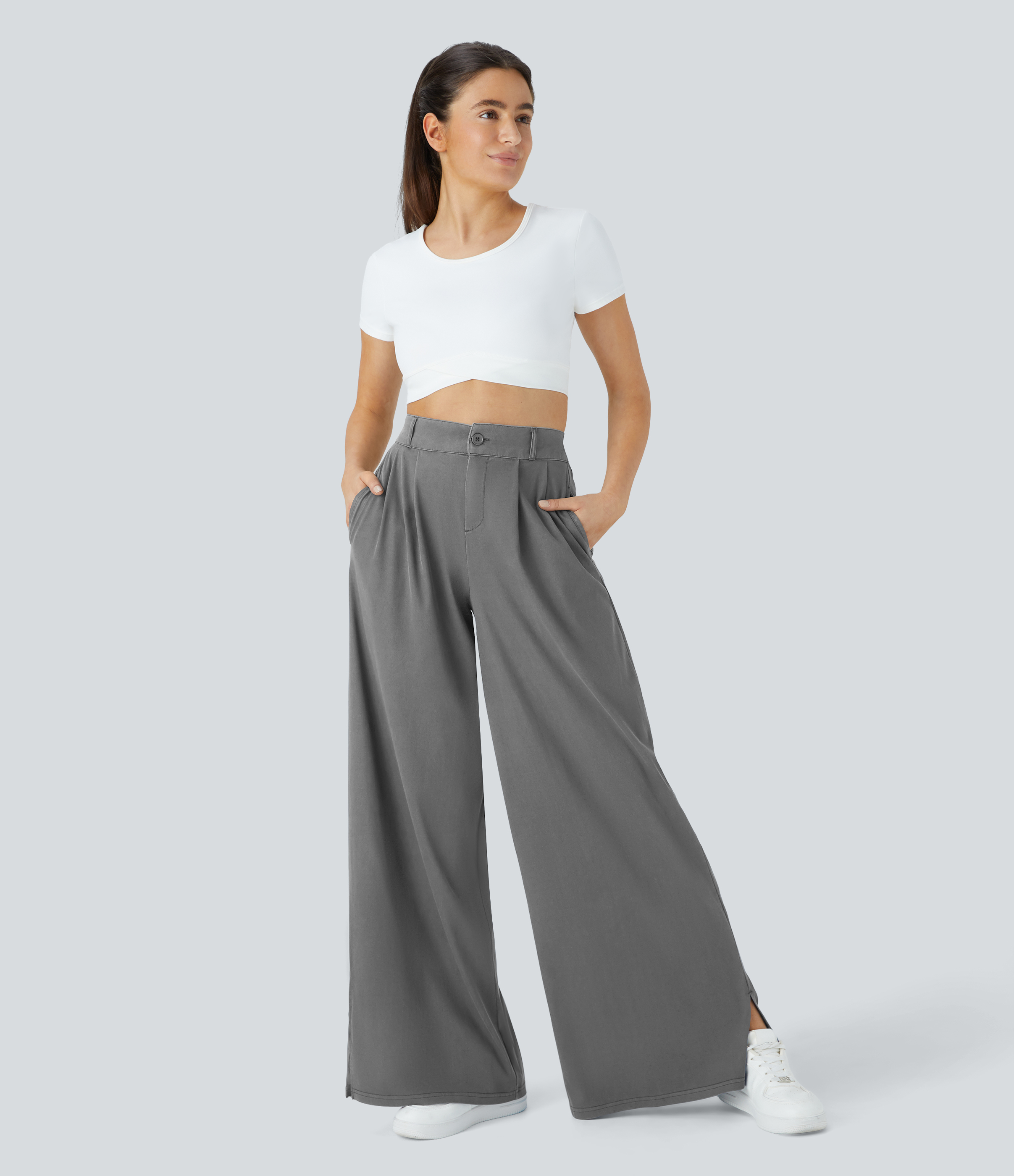Halara High Waisted Button Zipper Split Hem Wide Leg Casual Pants  - Steel Gray - S sweatpants jogger pants stacked sweatpants cargo joggers 