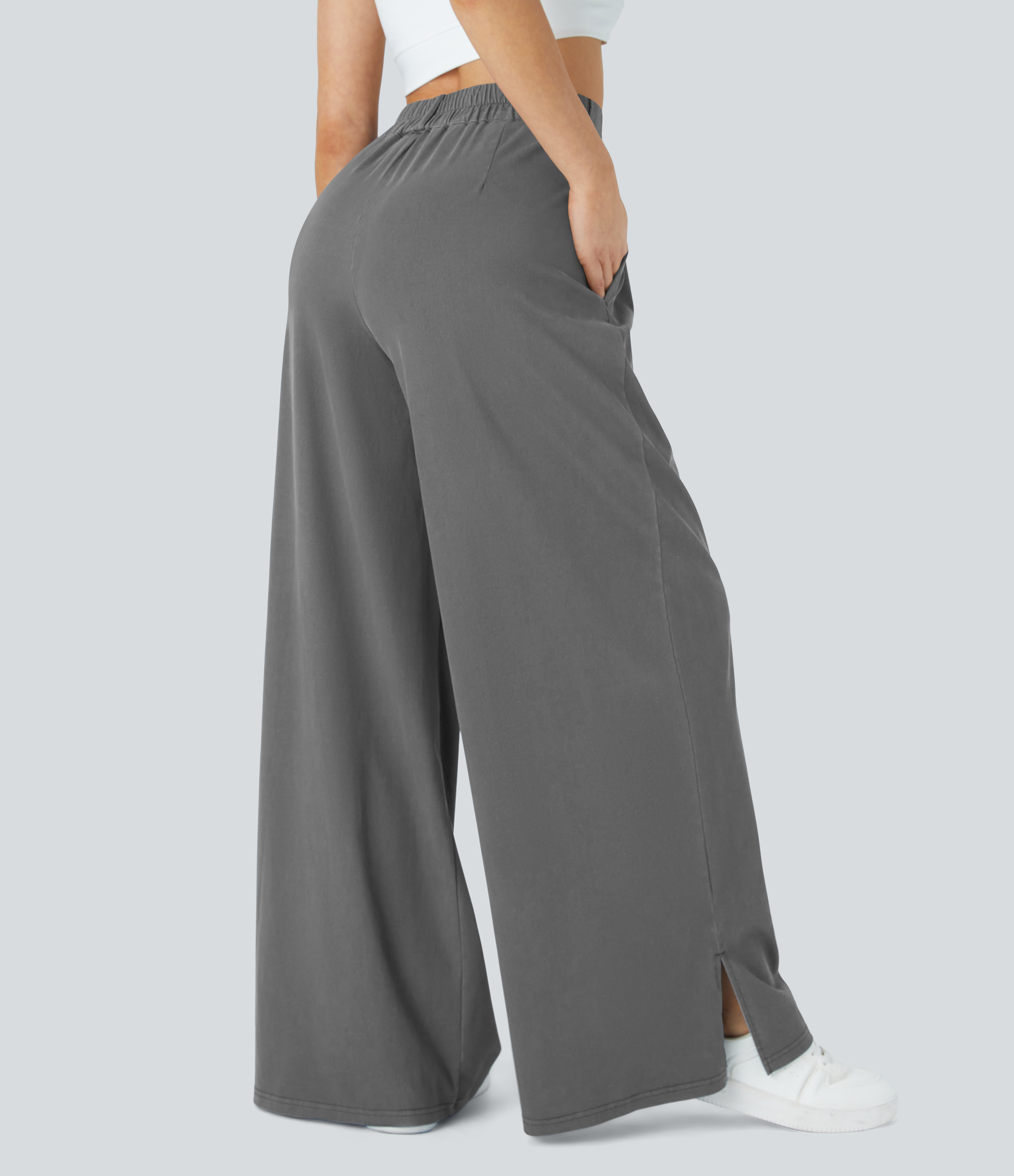 Halara High Waisted Button Zipper Split Hem Wide Leg Casual Pants  - Steel Gray - S sweatpants jogger pants stacked sweatpants cargo joggers 