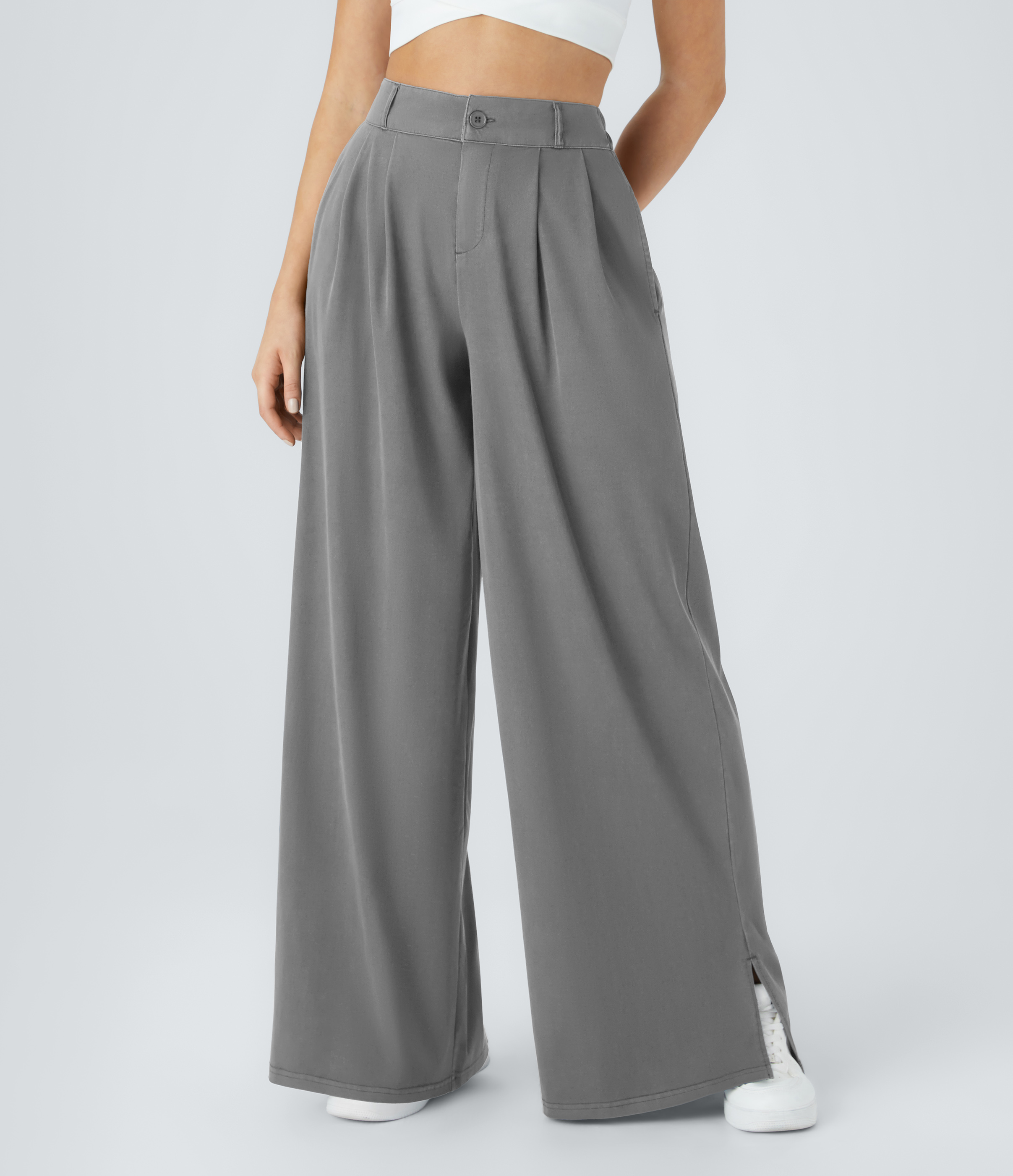 Halara High Waisted Button Zipper Split Hem Wide Leg Casual Pants  - Steel Gray - S sweatpants jogger pants stacked sweatpants cargo joggers 